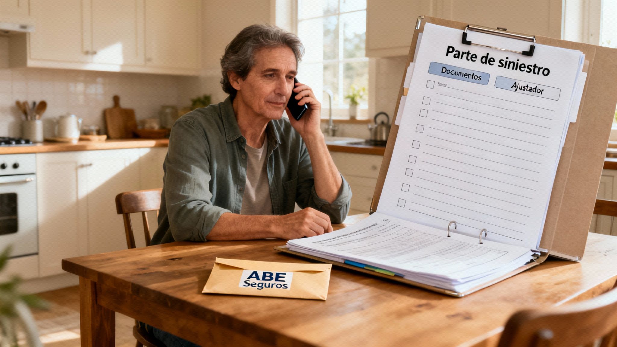 Un hombre gestiona un parte de siniestro de seguros en casa, con documentos y teléfono.