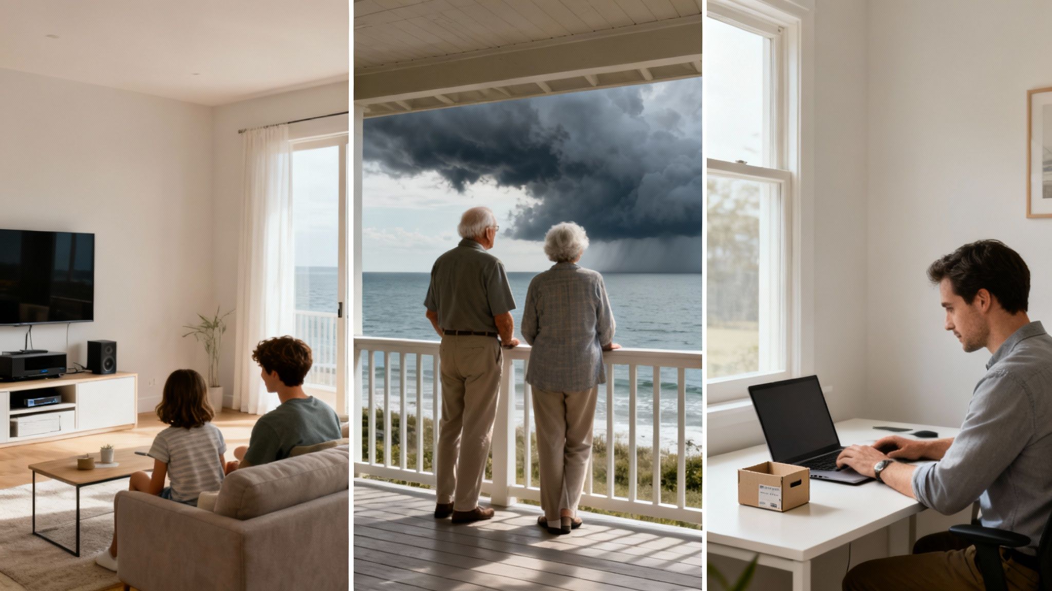 Familia viendo TV, pareja observando tormenta marina, y hombre trabajando en casa. Escenas de vida doméstica.