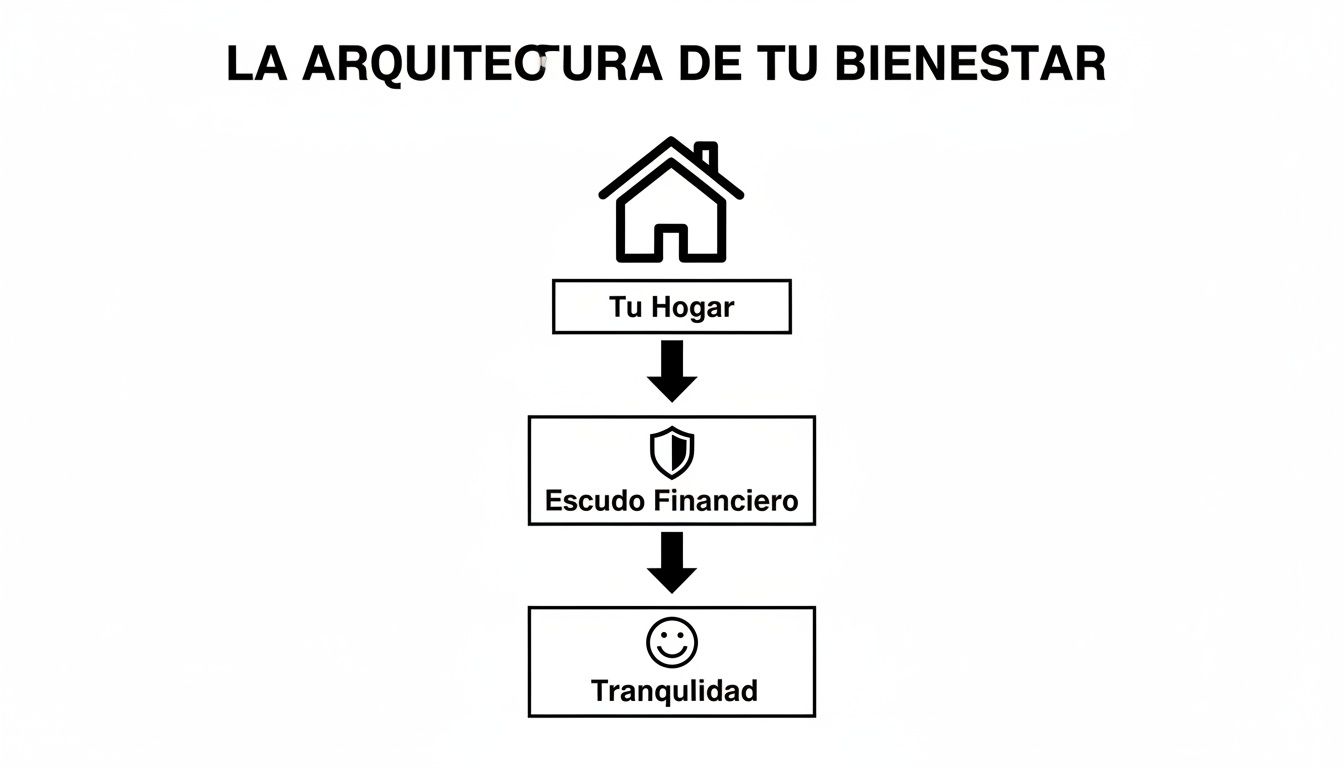 Diagrama que ilustra la arquitectura del bienestar: Tu Hogar, Escudo Financiero y Tranquilidad.