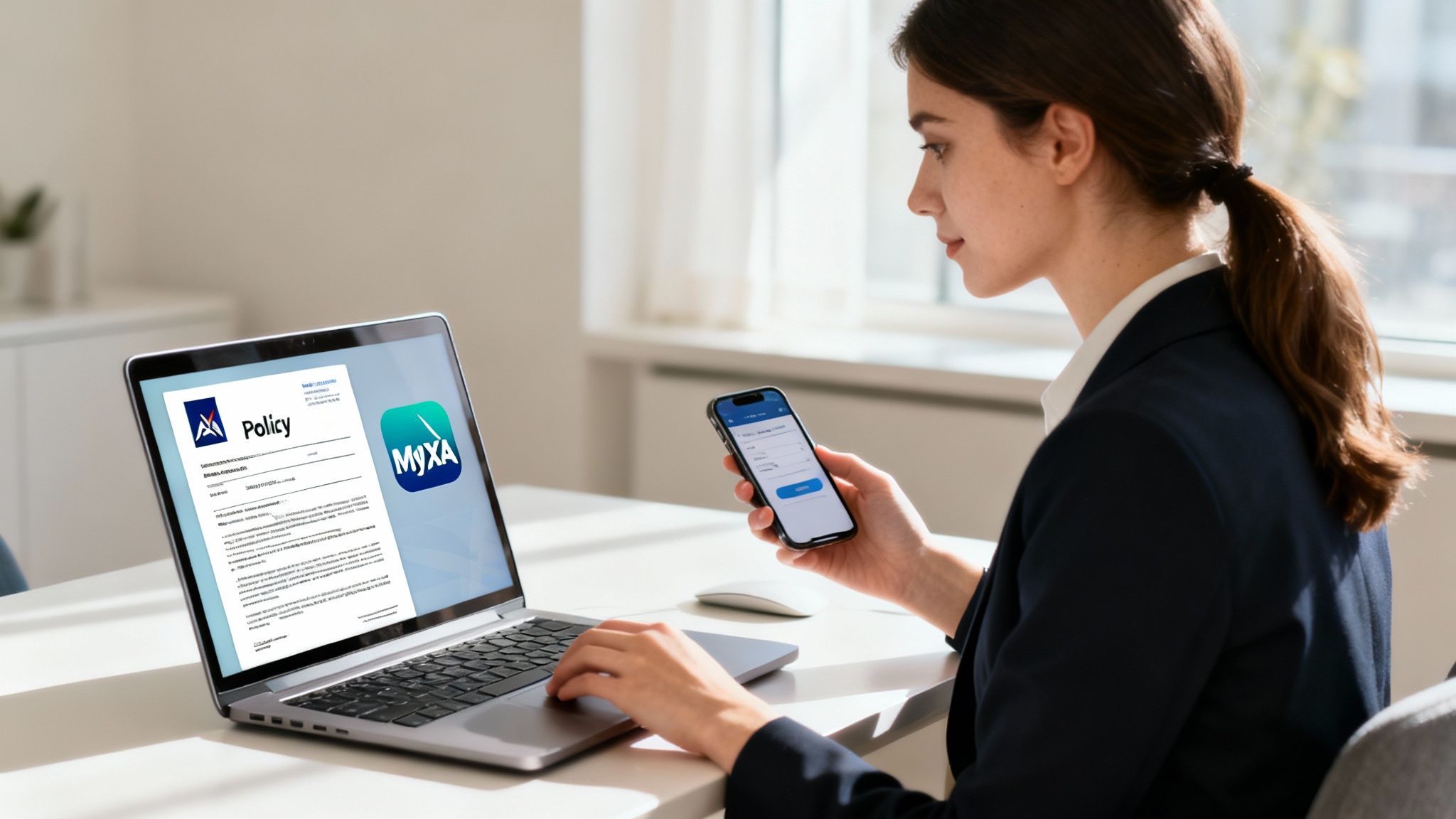 Una persona revisando documentos de seguro con un asesor de AXA, simbolizando un proceso claro y guiado.