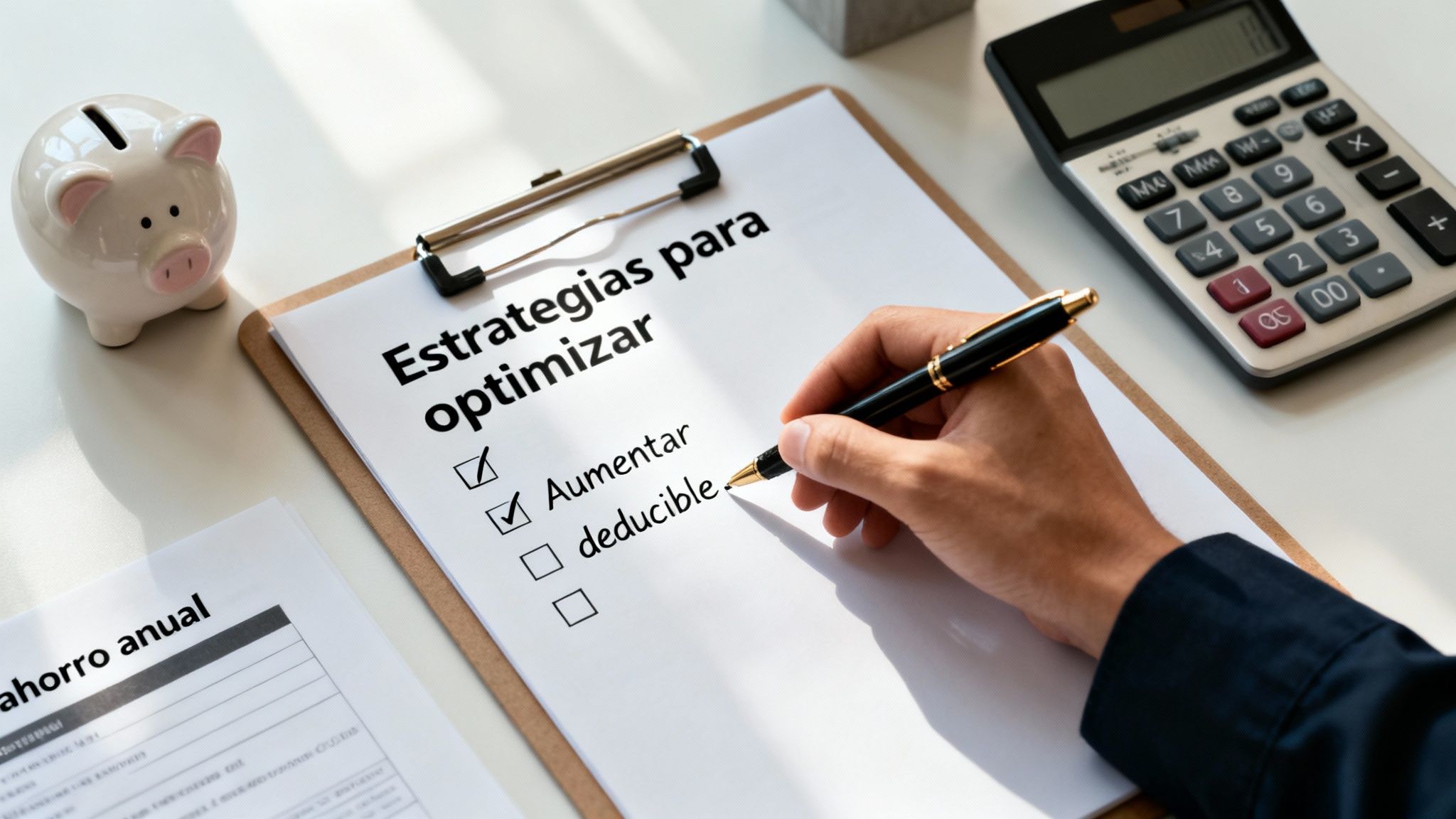 Persona revisando estrategias para optimizar costos de seguro, incluyendo aumentar el deducible.