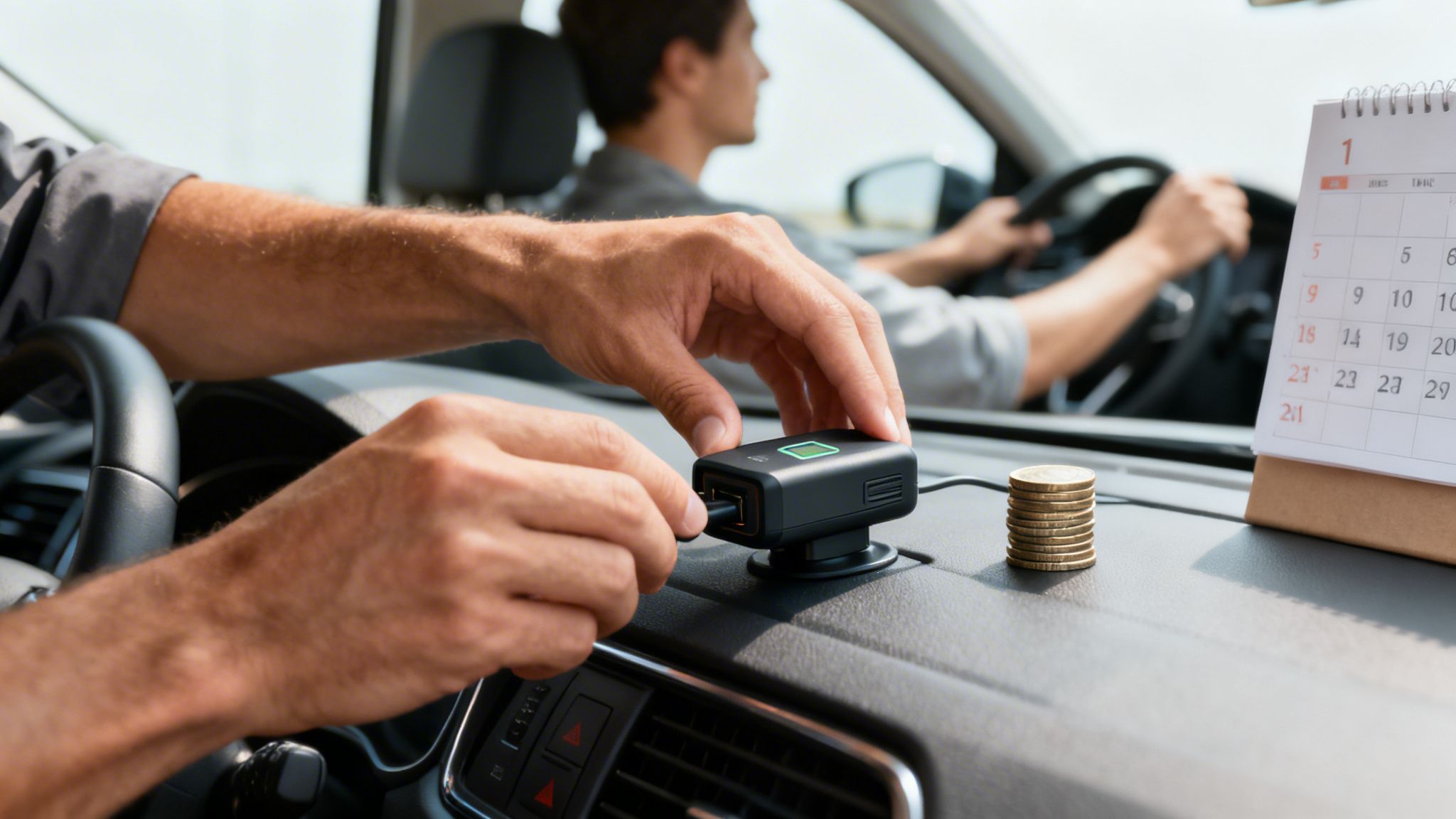 Manos enchufando un dispositivo en el salpicadero de un coche, con un conductor y un calendario al fondo.
