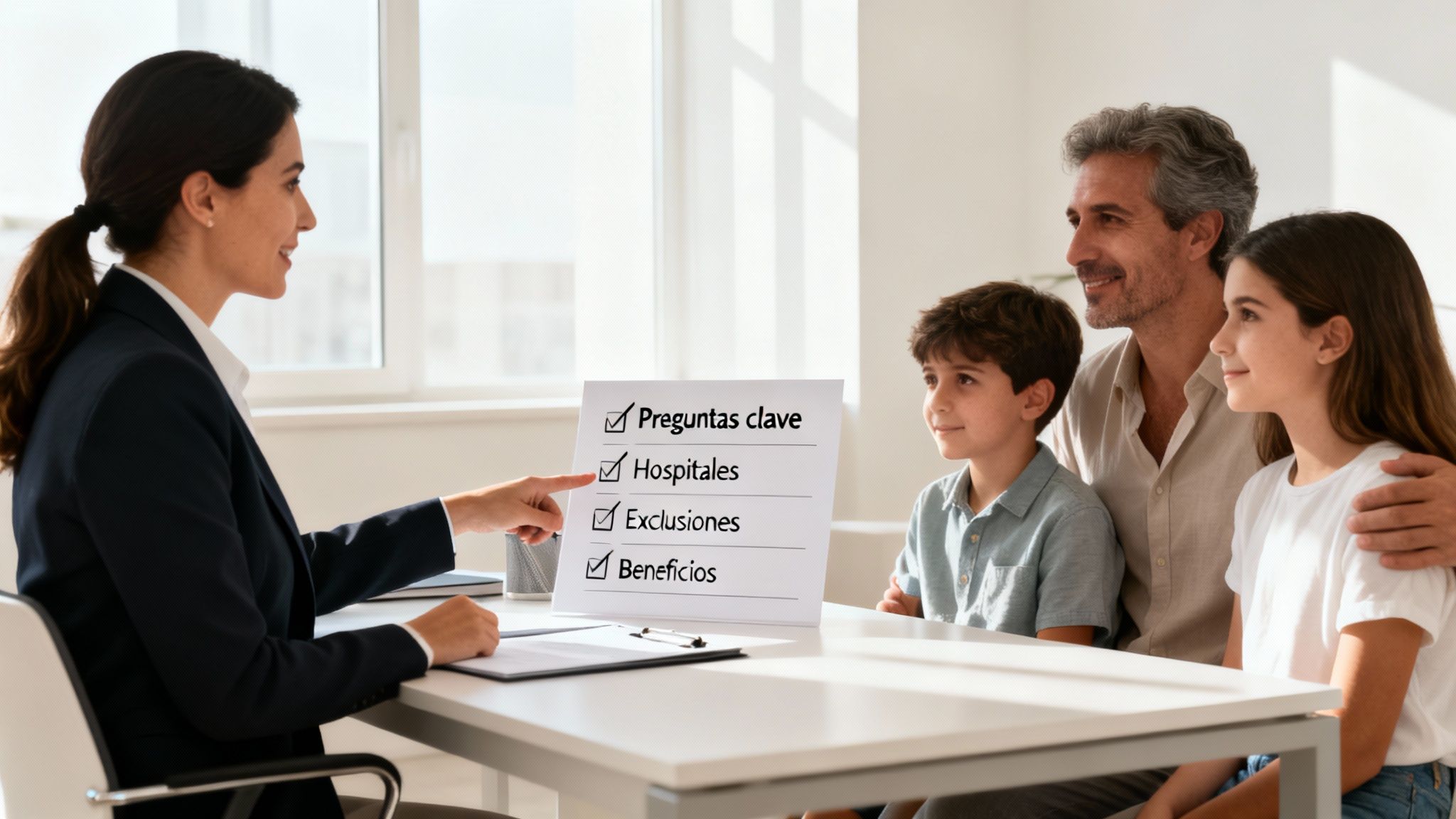 Agente explica detalles de seguro de gastos médicos a una familia con dos niños.