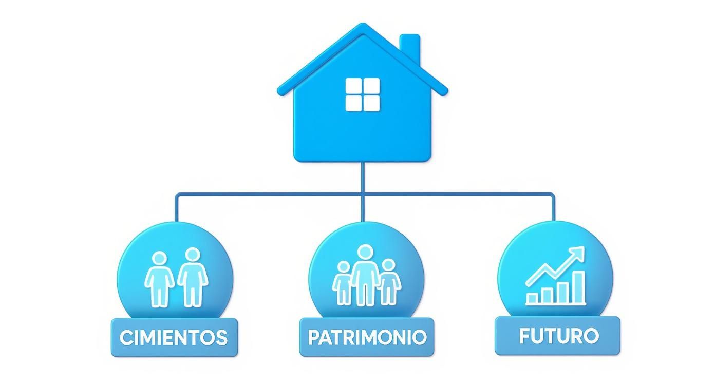 Un diagrama visual de un hogar y sus pilares: cimientos, patrimonio familiar y crecimiento futuro.