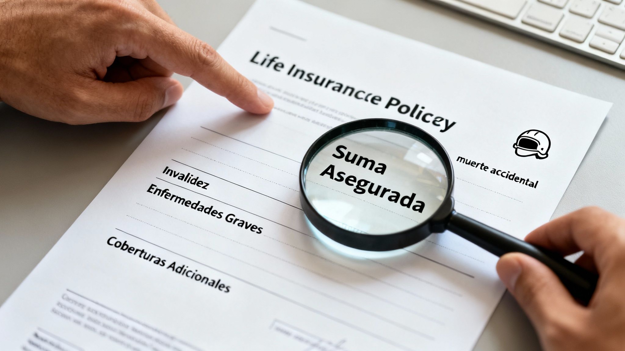Una persona revisa una póliza de seguro de vida, usando una lupa sobre la 'Suma Asegurada'.