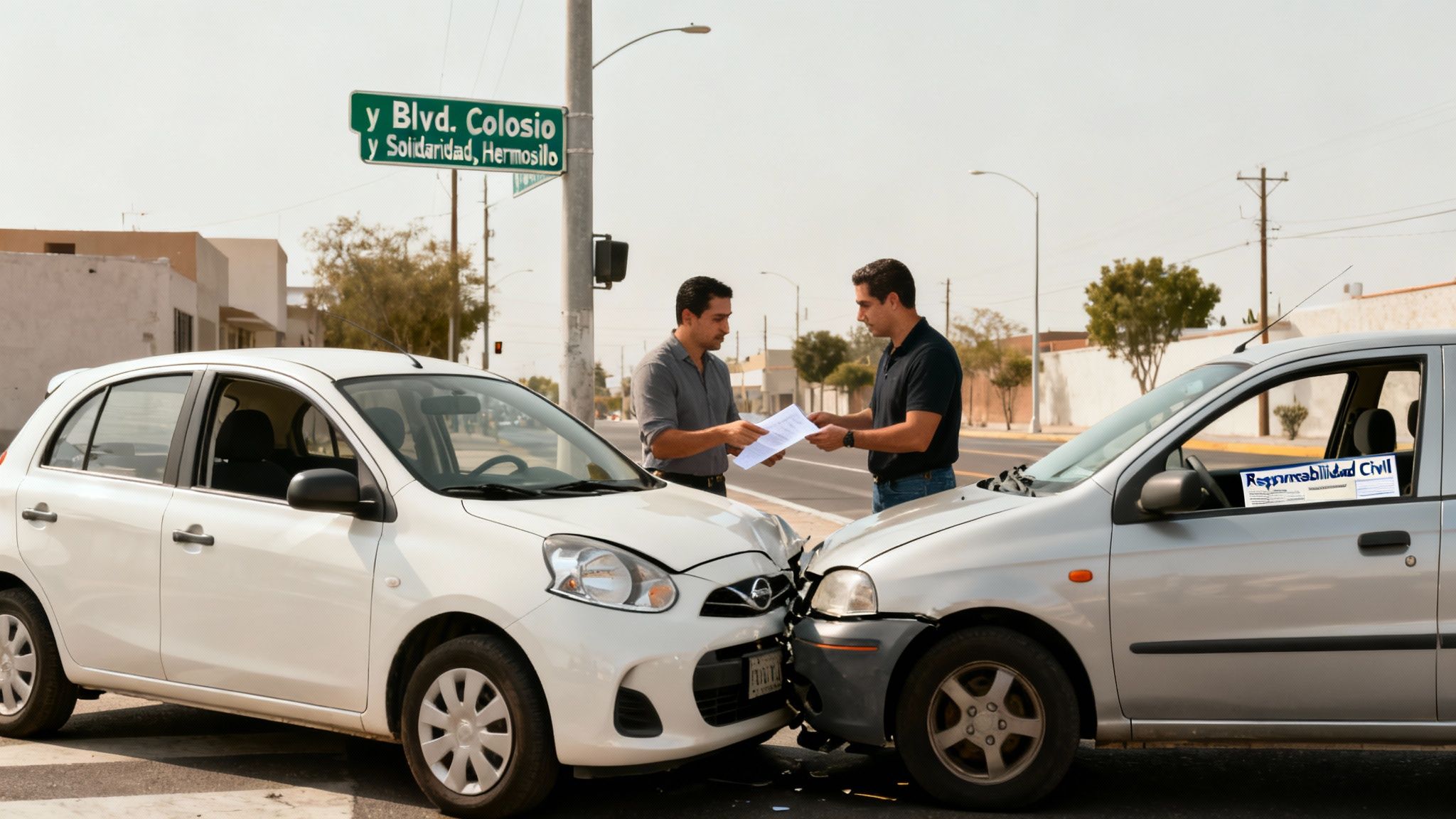 Dos hombres intercambian papeles después de un accidente automovilístico en una intersección de Hermosillo.