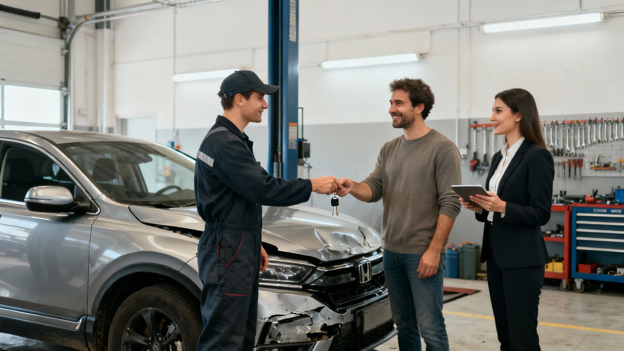 Mecánico entrega las llaves del coche a un cliente sonriente junto a una agente de seguros en un taller.