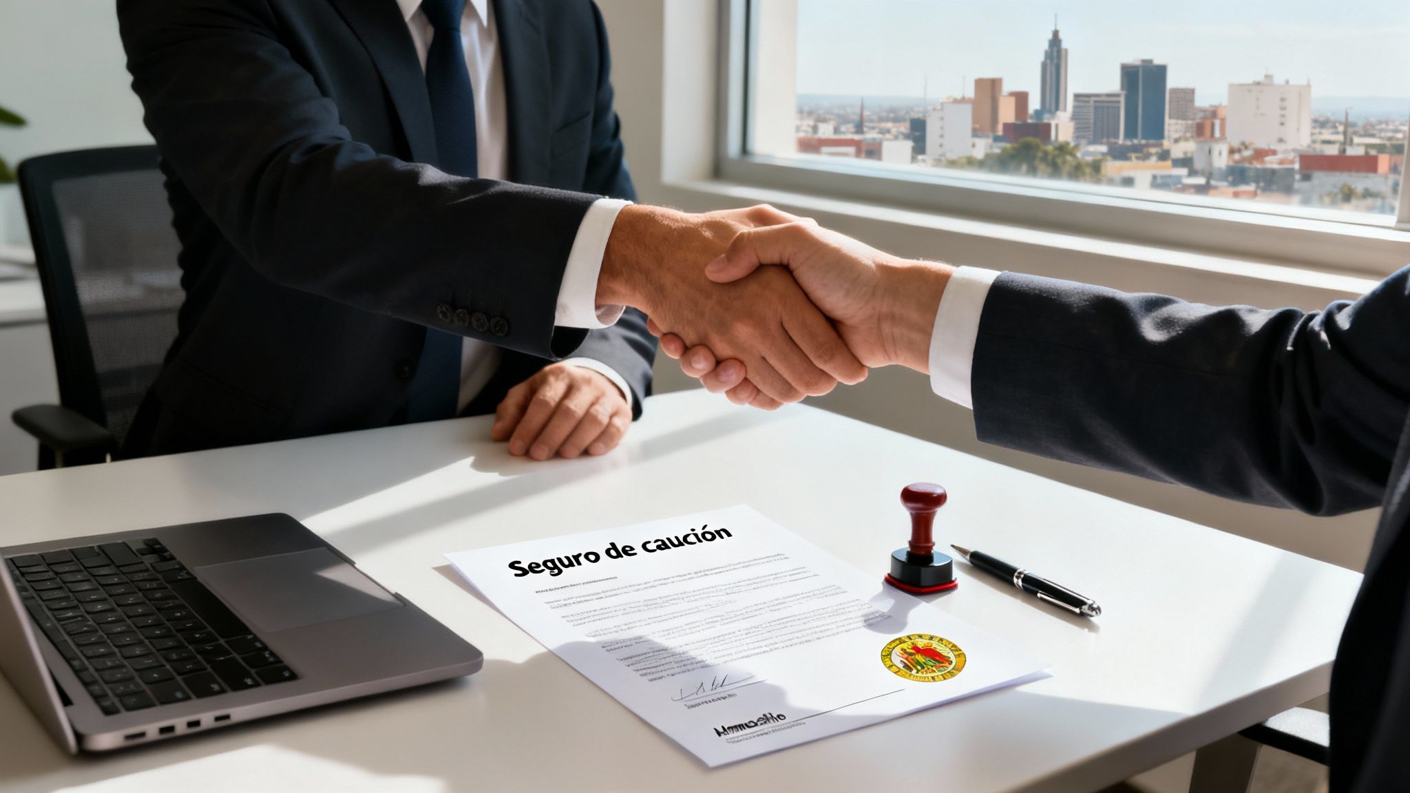 Dos hombres de negocios se dan la mano sobre un documento de 'Seguro de caución' en una oficina moderna.