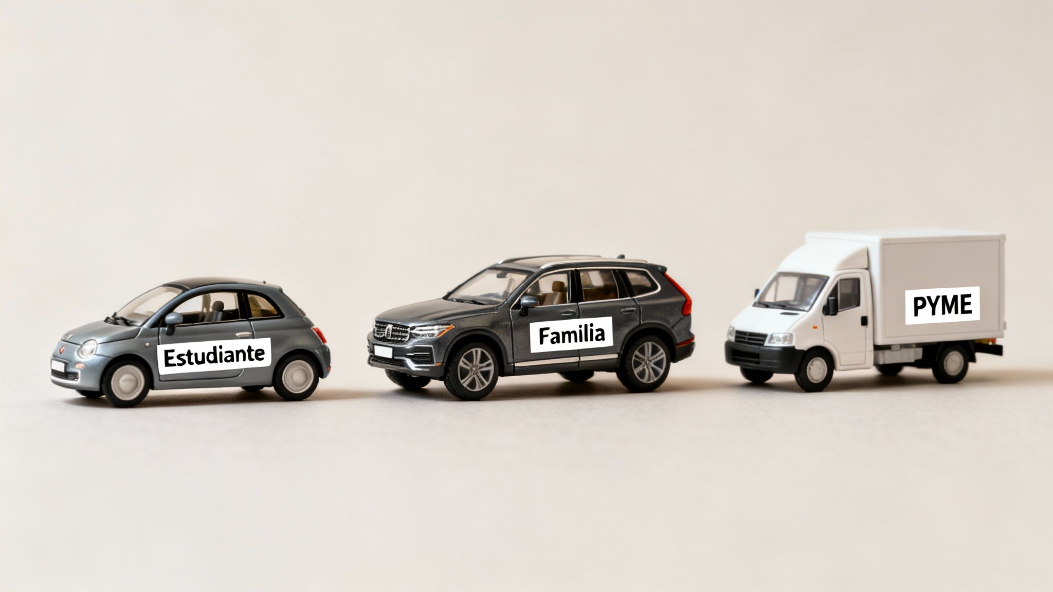 Tres coches de juguete que representan a un estudiante, una familia y una PYME, simbolizando diferentes necesidades de seguro de auto.