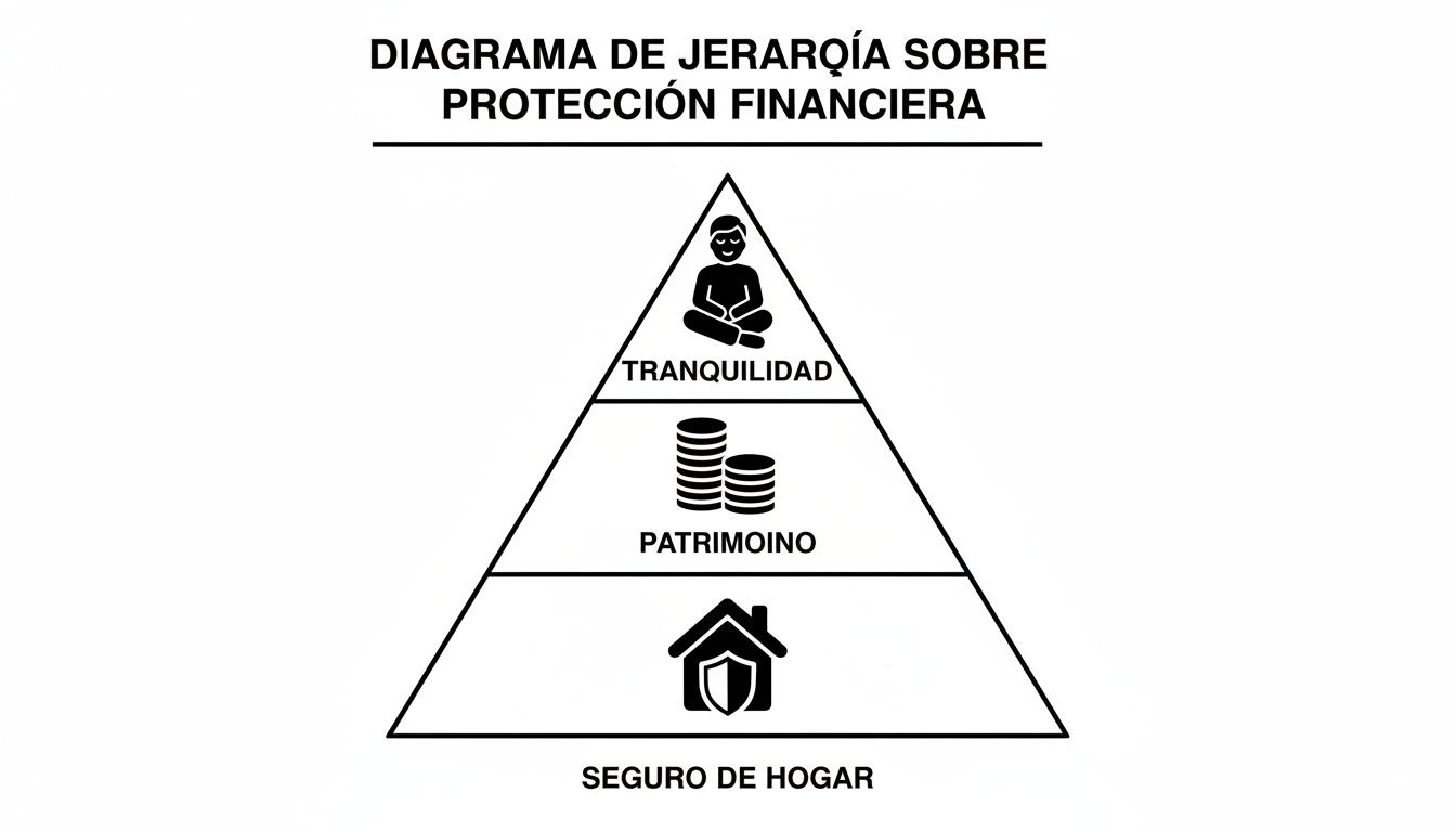 Diagrama de jerarquía sobre protección financiera, mostrando tranquilidad, patrimonio y seguro de hogar como pilares fundamentales.
