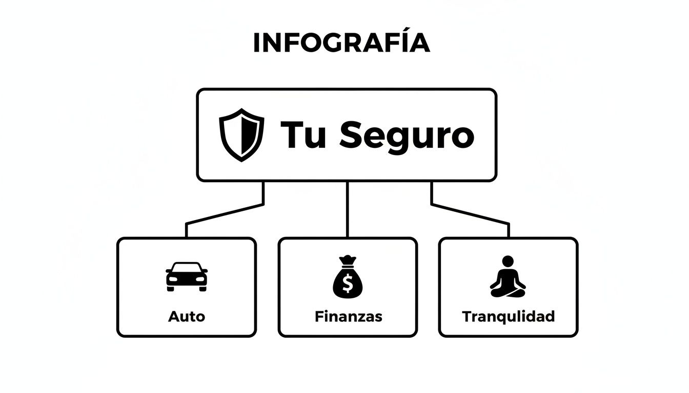 Infografía sencilla que ilustra 'Tu Seguro' y sus pilares: seguro de auto, finanzas protegidas y tranquilidad personal.