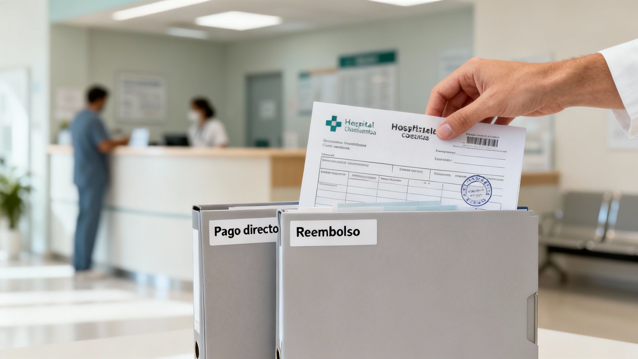 Mano insertando documento de hospital en carpeta de reembolso, junto a otra de pago directo, en recepción médica.