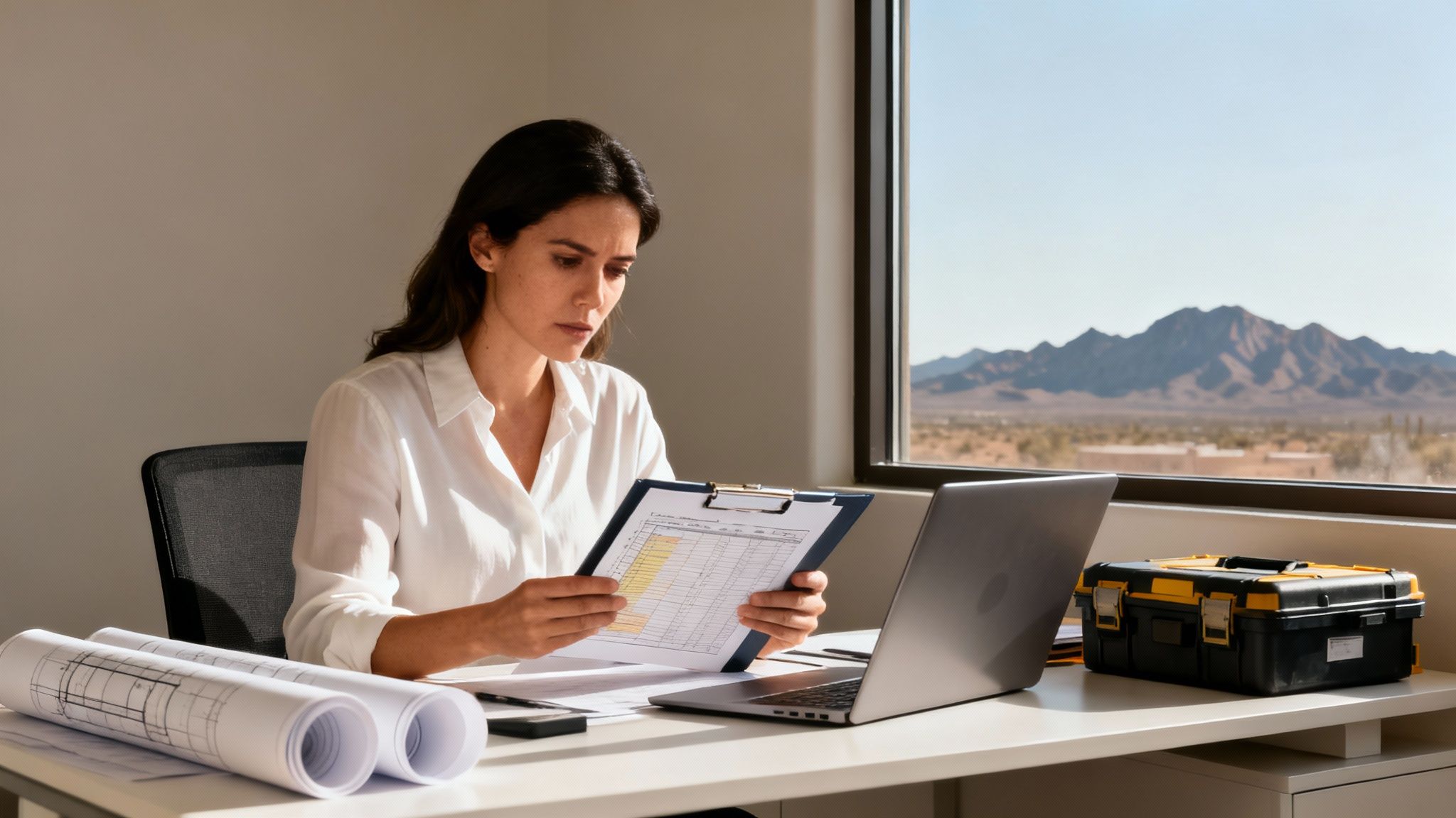 Dos profesionales sonorenses analizando documentos de un seguro de responsabilidad civil profesional en una oficina en Hermosillo.