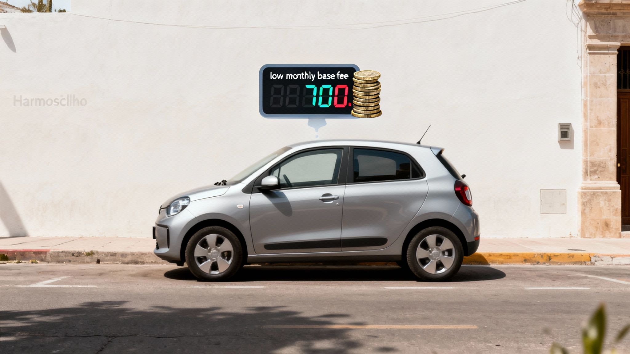 Coche plateado estacionado junto a una pared, con un letrero de 'tarifa mensual baja' y monedas.