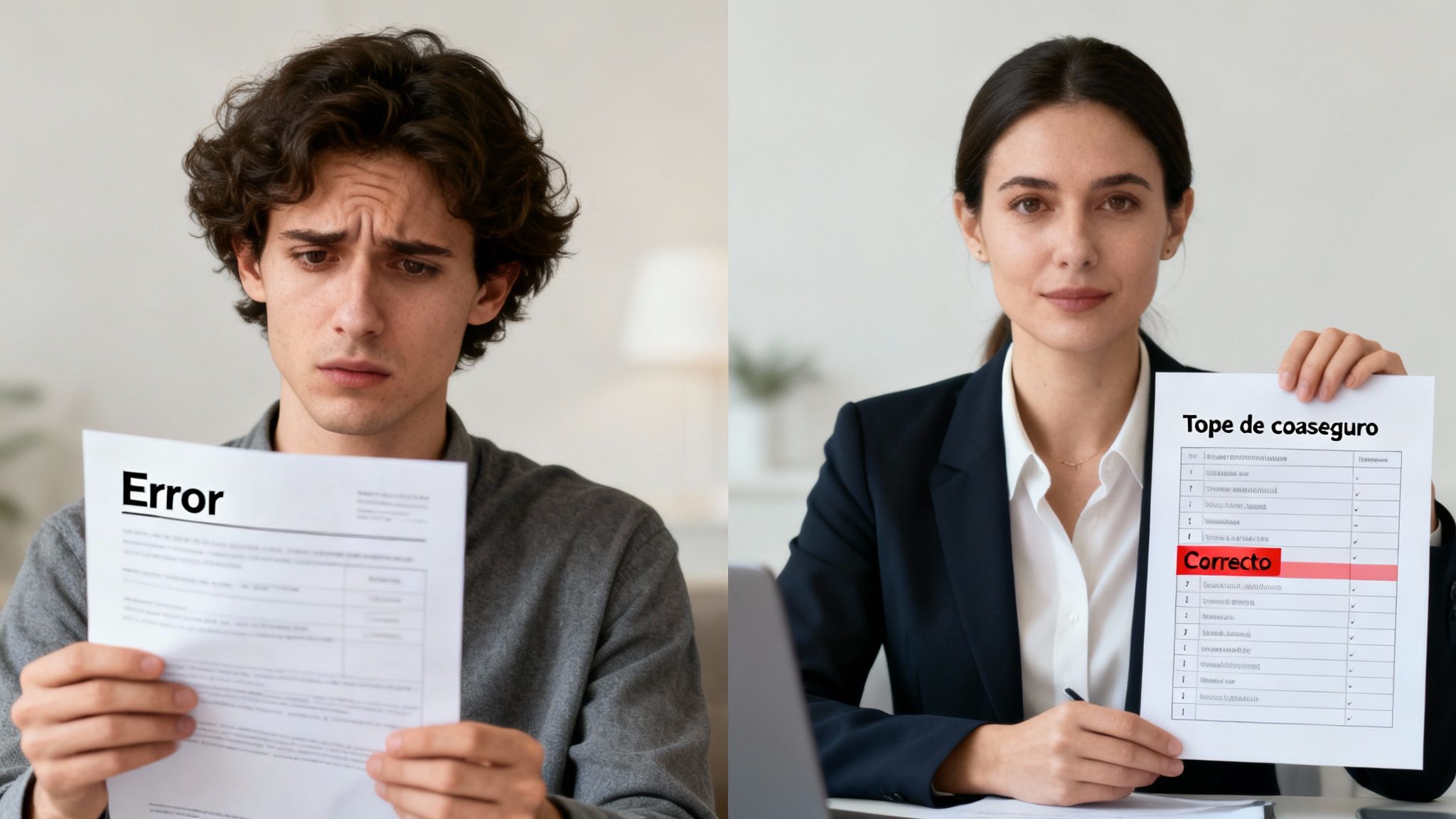 Contraste entre un hombre recibiendo un "Error" y una mujer mostrando un documento "Correcto" sobre coaseguro.