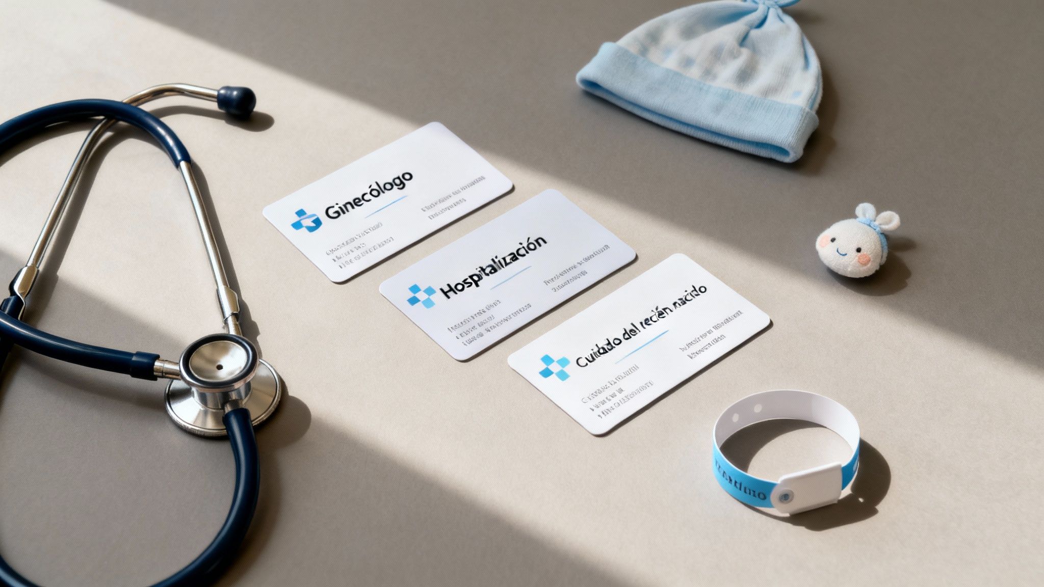 Tarjetas de servicios médicos de ginecología, hospitalización y cuidado del recién nacido junto a estetoscopio y accesorios de bebé