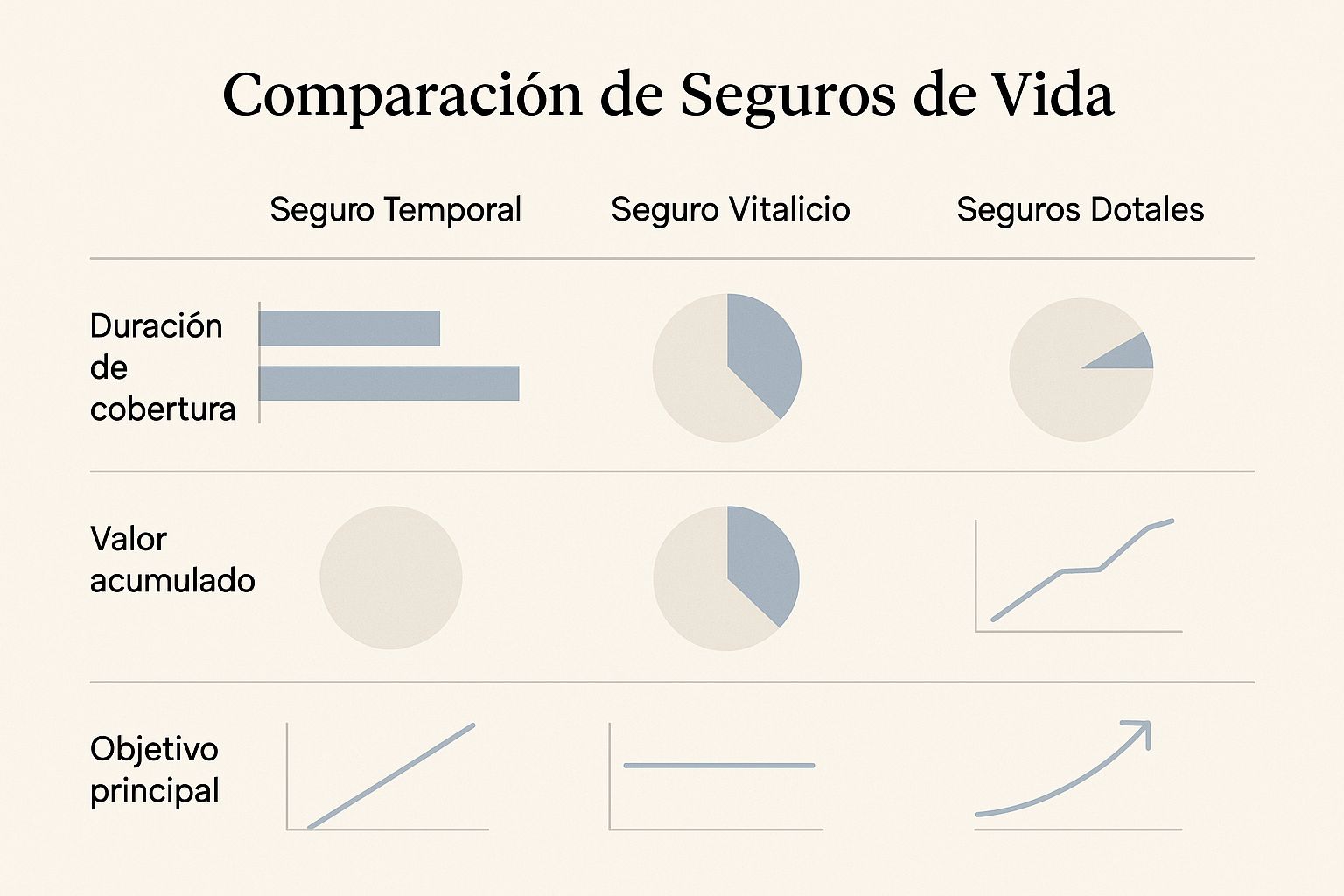 Infografía comparando los tipos de seguros de vida: Temporal, Vitalicio y Dotal, mostrando duración, valor acumulado y objetivo principal.