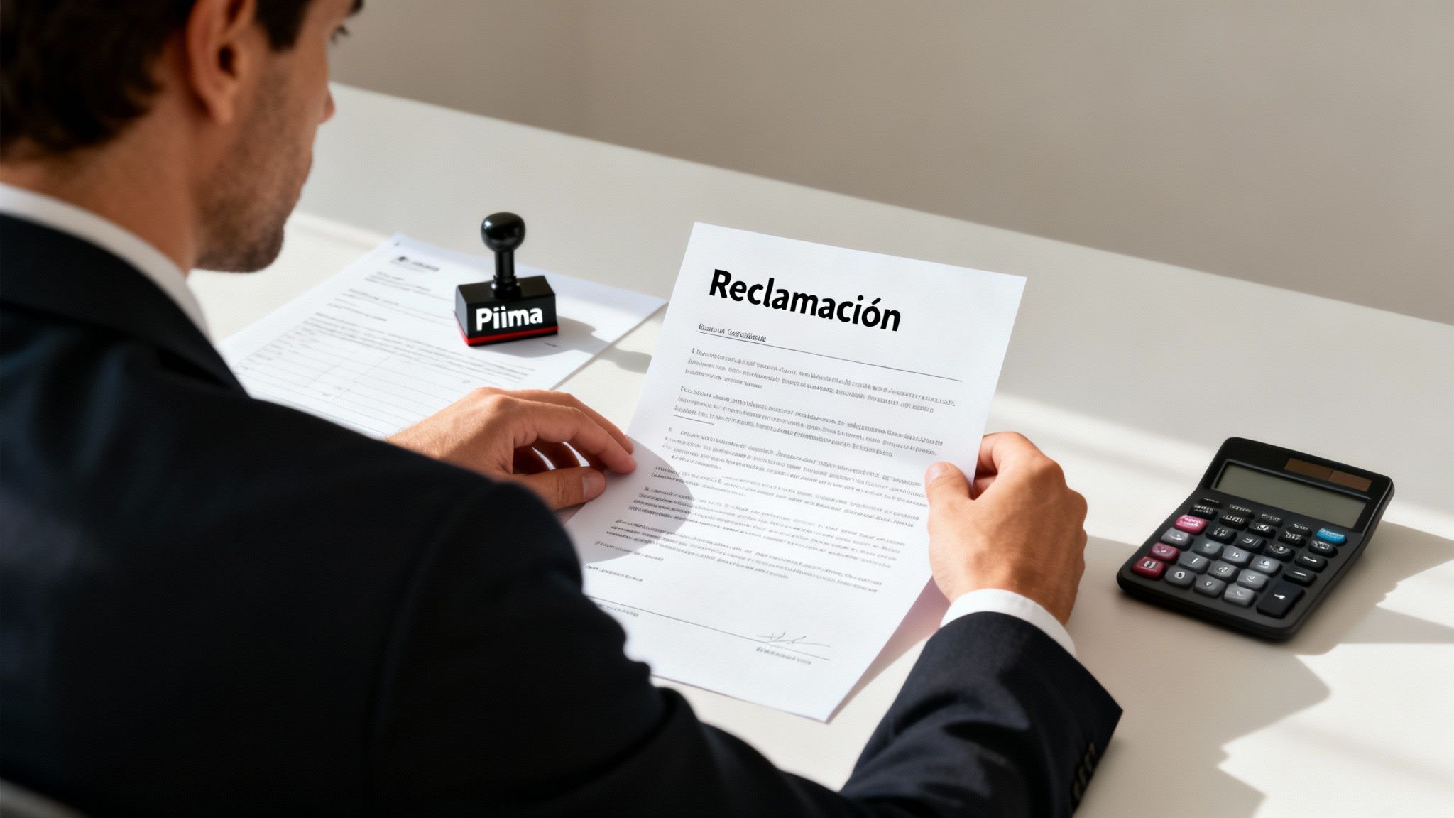 Hombre en traje revisa un documento de reclamación, con un sello y calculadora cerca en el escritorio.