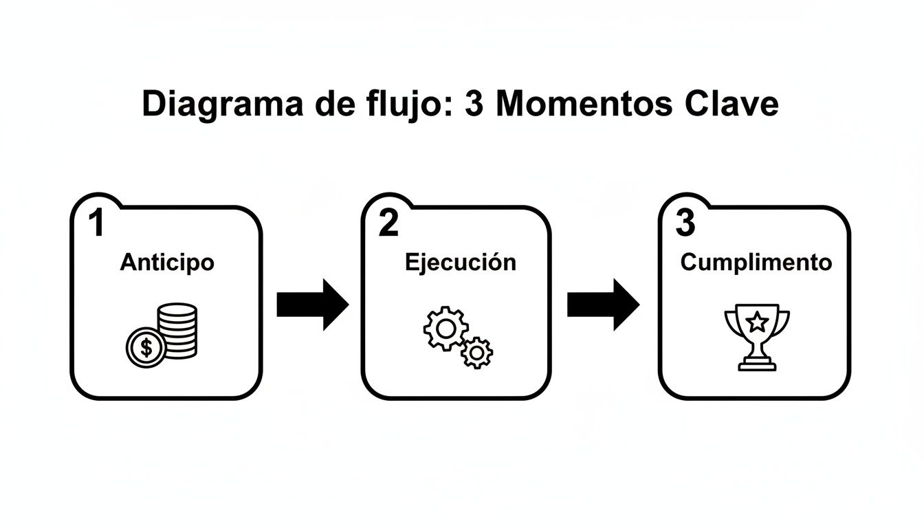 Diagrama de flujo que ilustra 3 momentos clave de un proceso: Anticipo, Ejecución y Cumplimiento con íconos.
