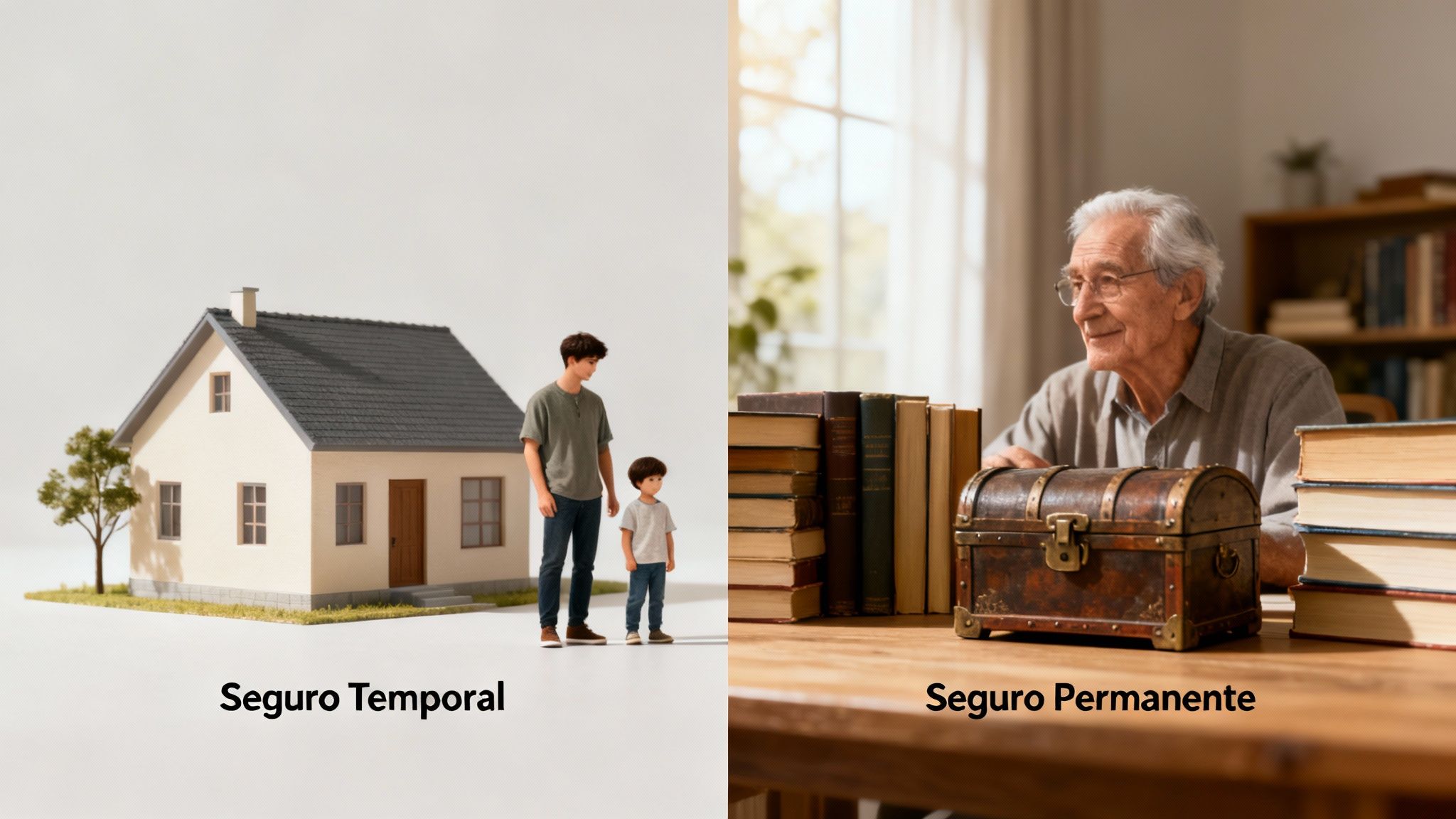 Dos personas discutiendo opciones sobre un folleto, con el texto superpuesto "Tipos de seguros de vida: Temporal vs. Permanente"