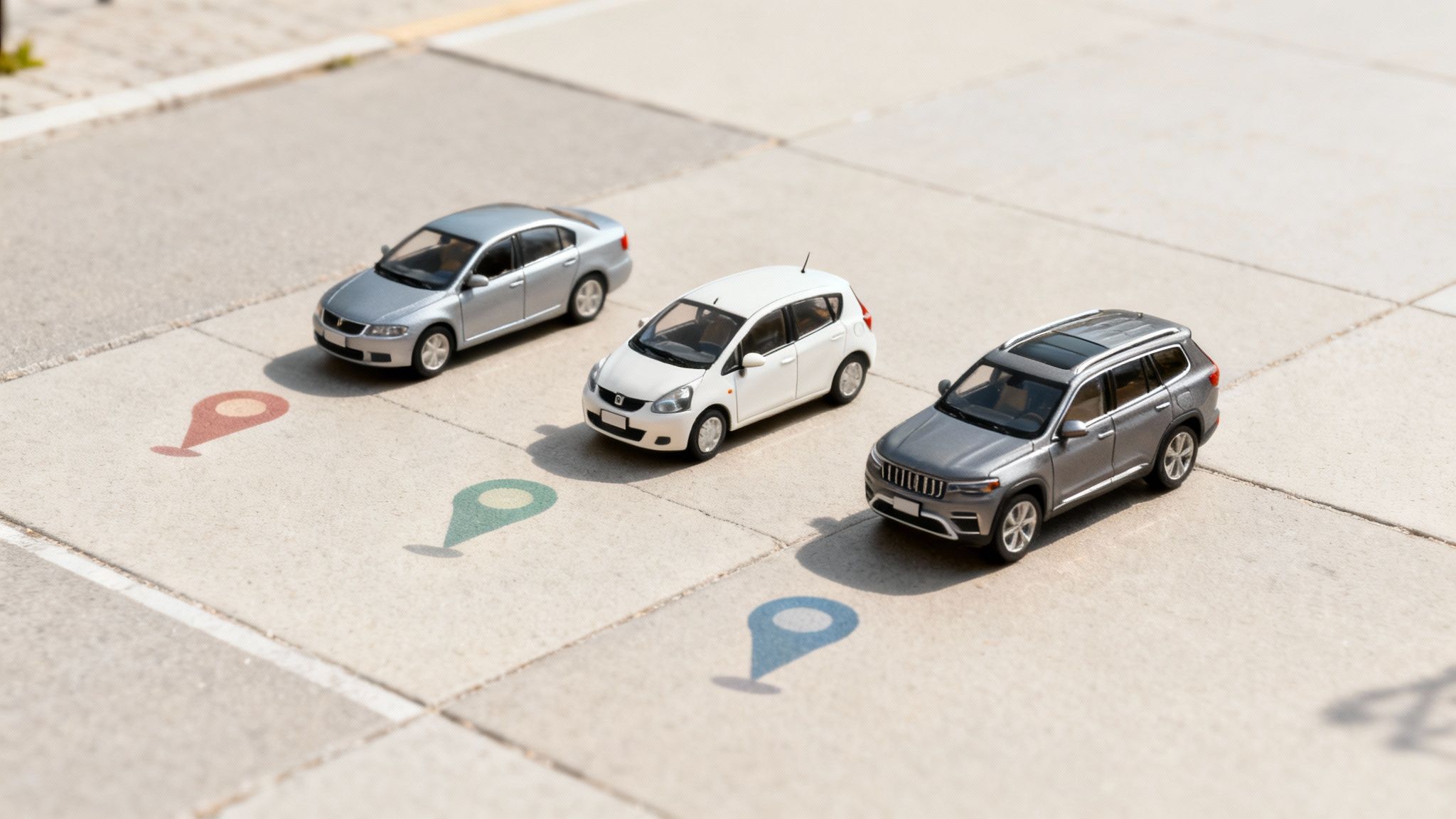 Tres coches de juguete (sedán, hatchback, SUV) y marcadores de ubicación de colores en el suelo, simbolizando elección de ruta.