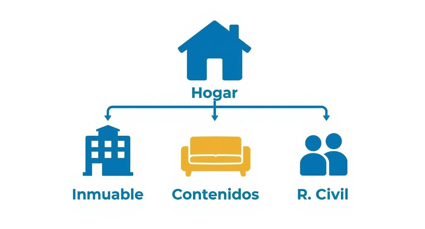 Infografía que muestra la jerarquía de un seguro de hogar, con el hogar en la cima y debajo las coberturas de Inmueble, Contenidos y Responsabilidad Civil.