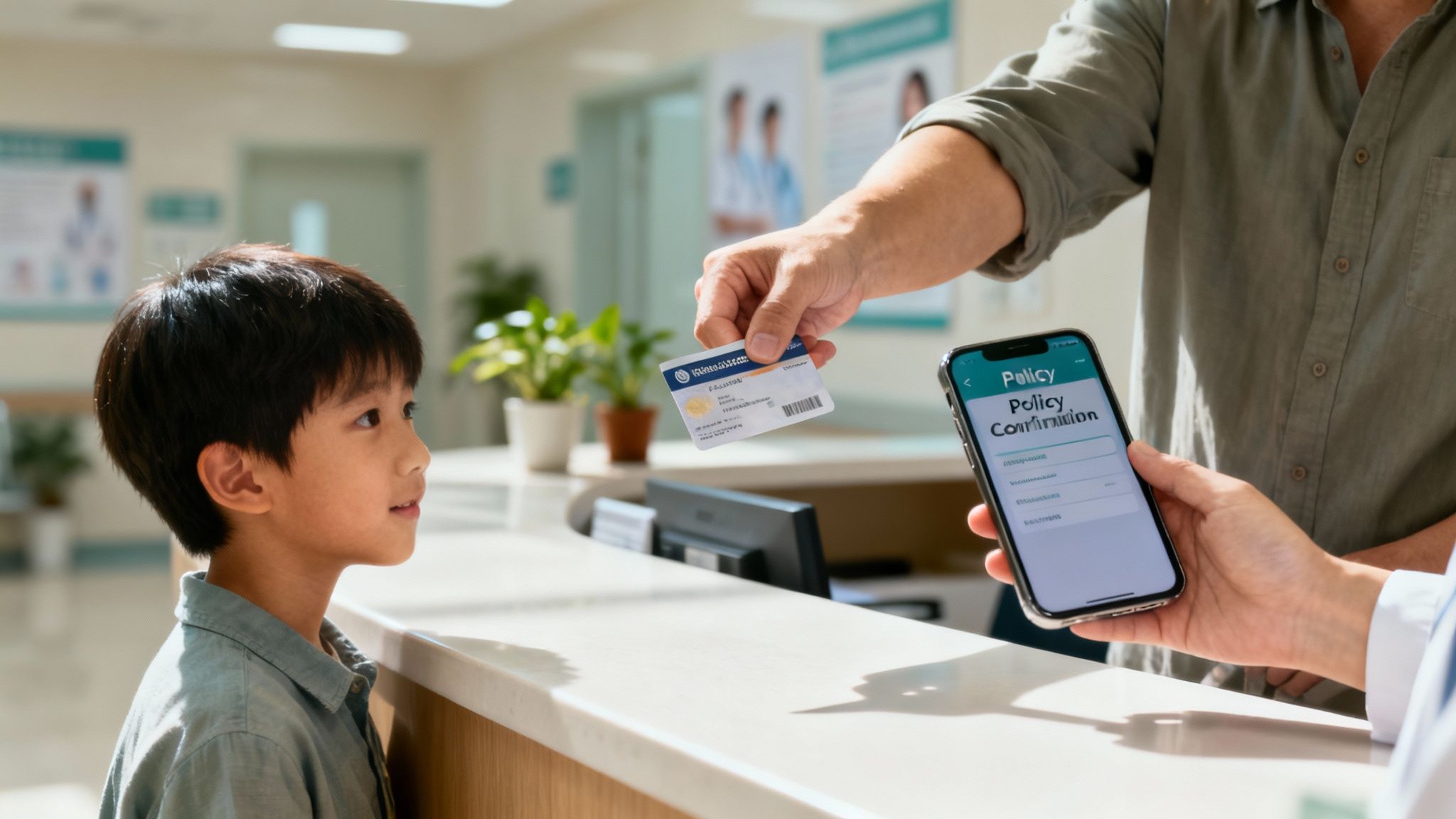 Hombre presenta tarjeta de seguro y confirmación de póliza en un hospital con un niño.