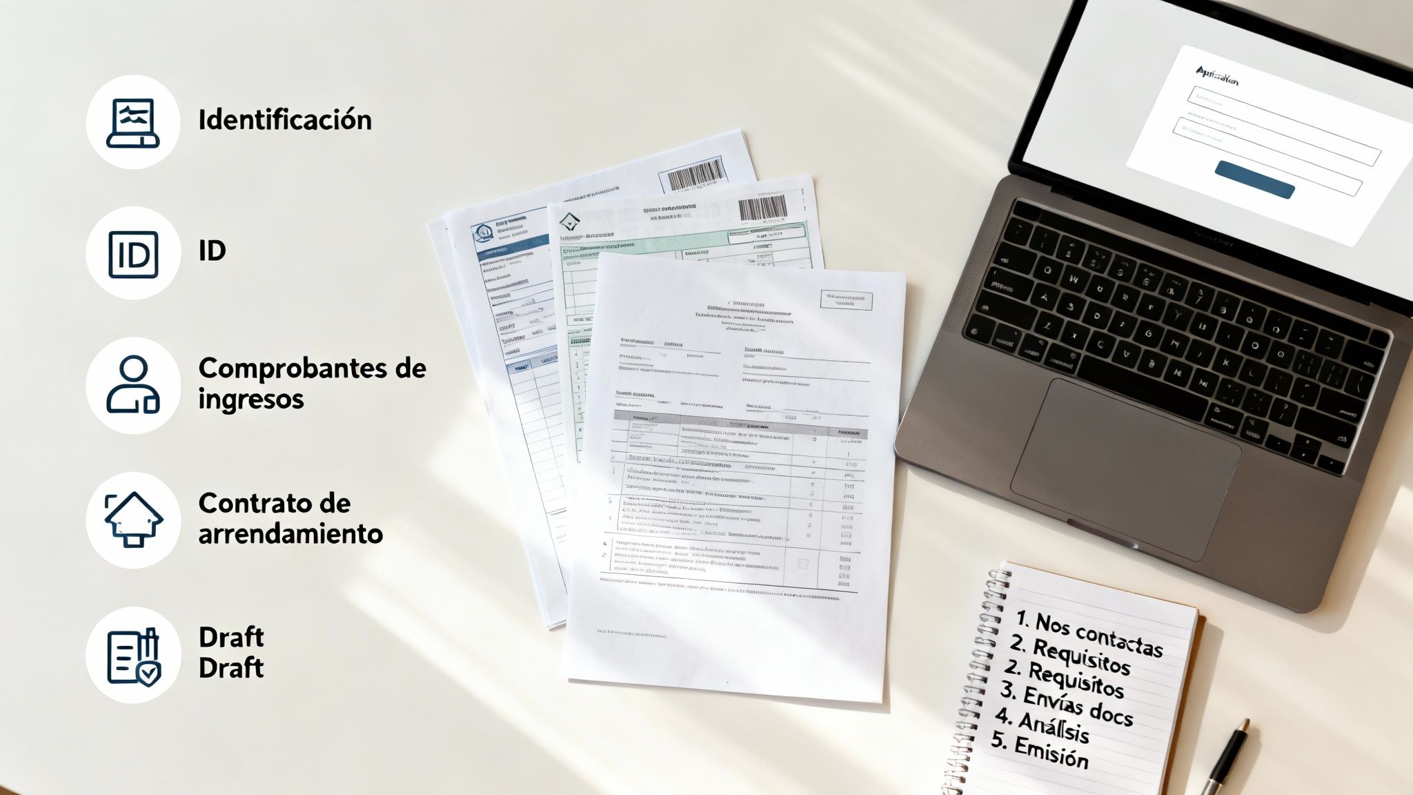 Documentos de identificación, ingresos y arrendamiento junto a un portátil, mostrando un proceso de solicitud.