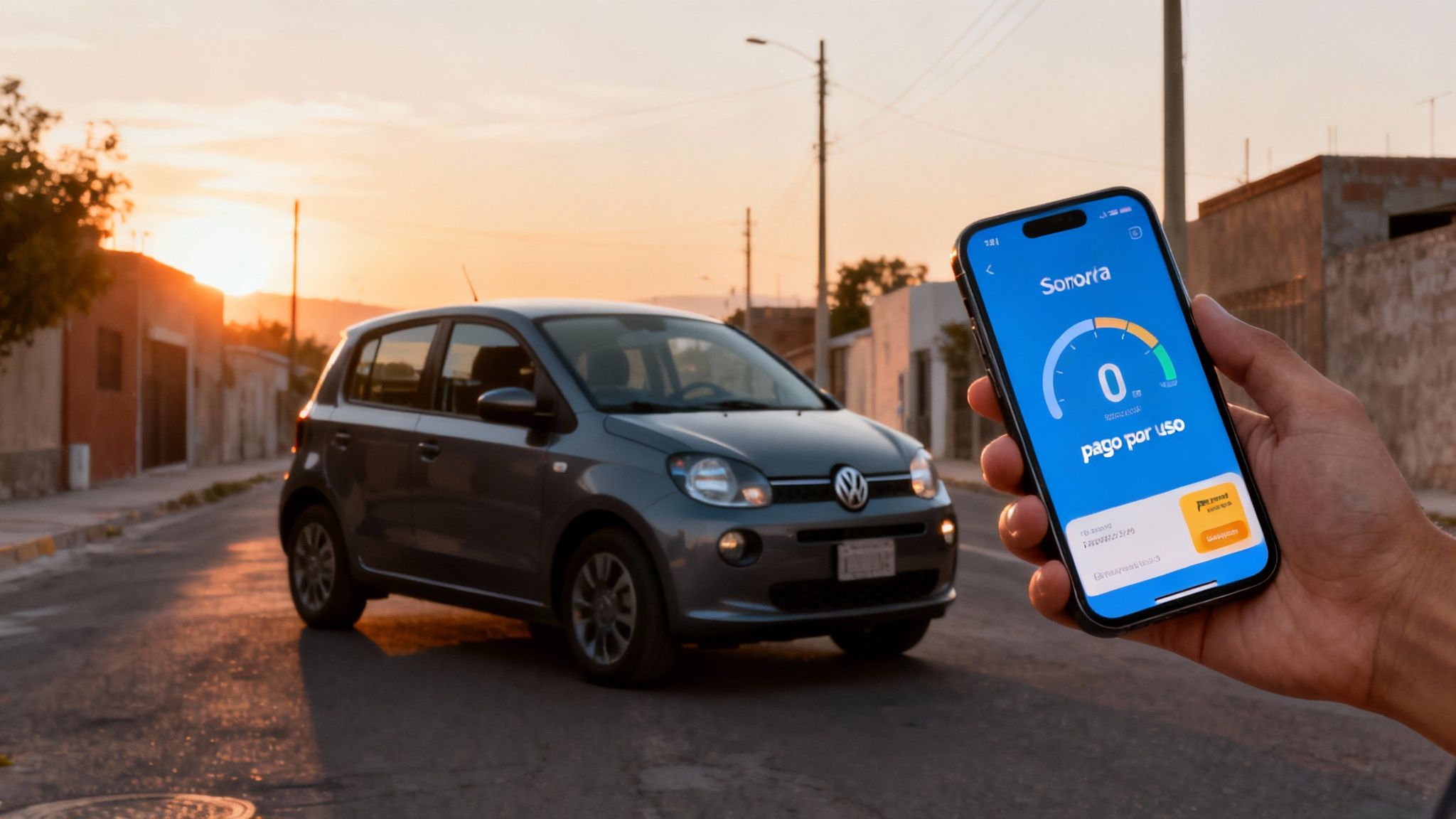 Mano sosteniendo un smartphone con la aplicación Sonora de seguro de auto "pago por uso", junto a un Volkswagen gris al atardecer, con el texto "Seguro de Auto por Kilómetro: ¿Pagarías menos en Sonora?"