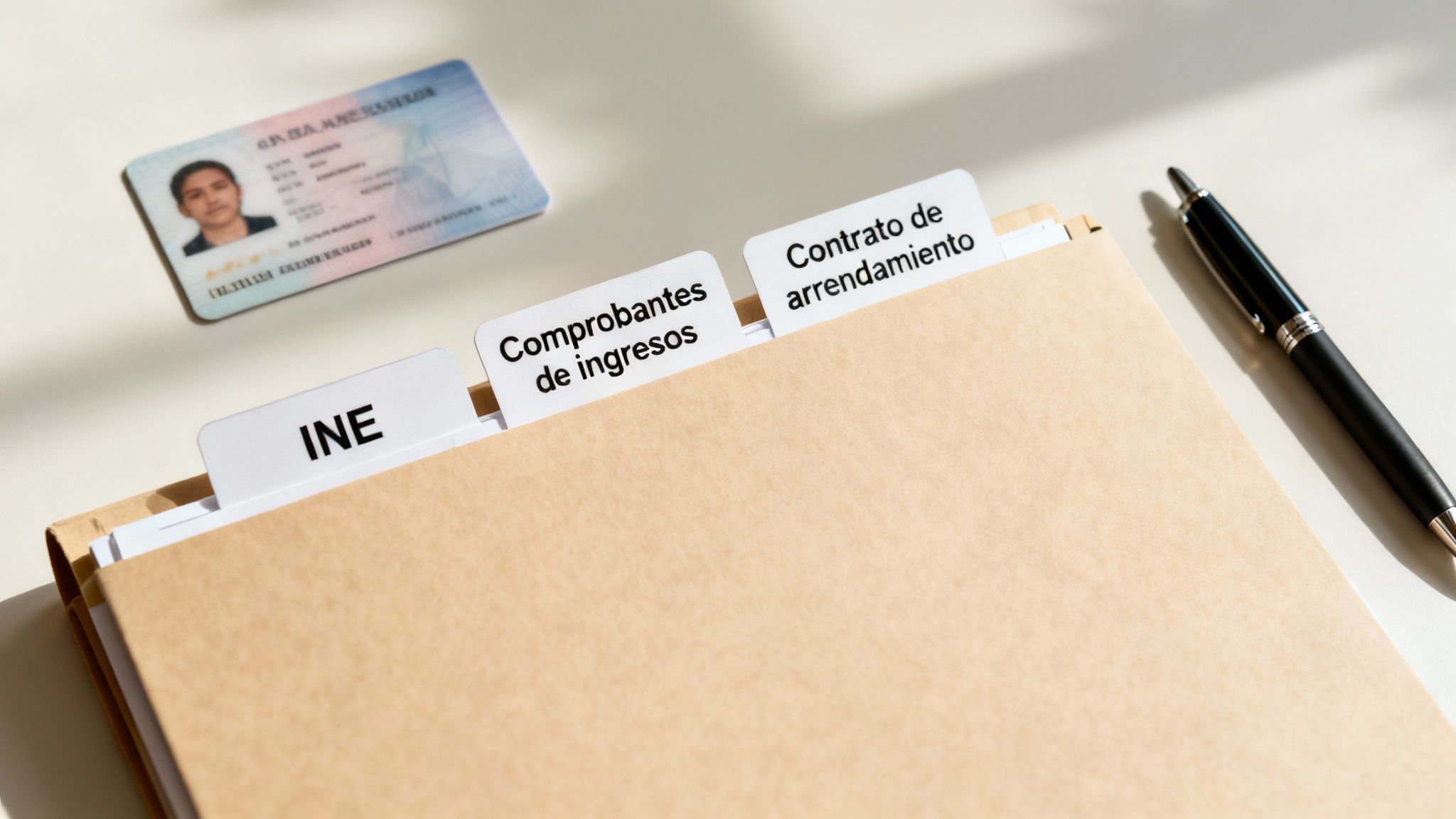 Carpeta con documentos INE, comprobantes de ingresos y contrato de arrendamiento, junto a una identificación y un bolígrafo sobre un escritorio.