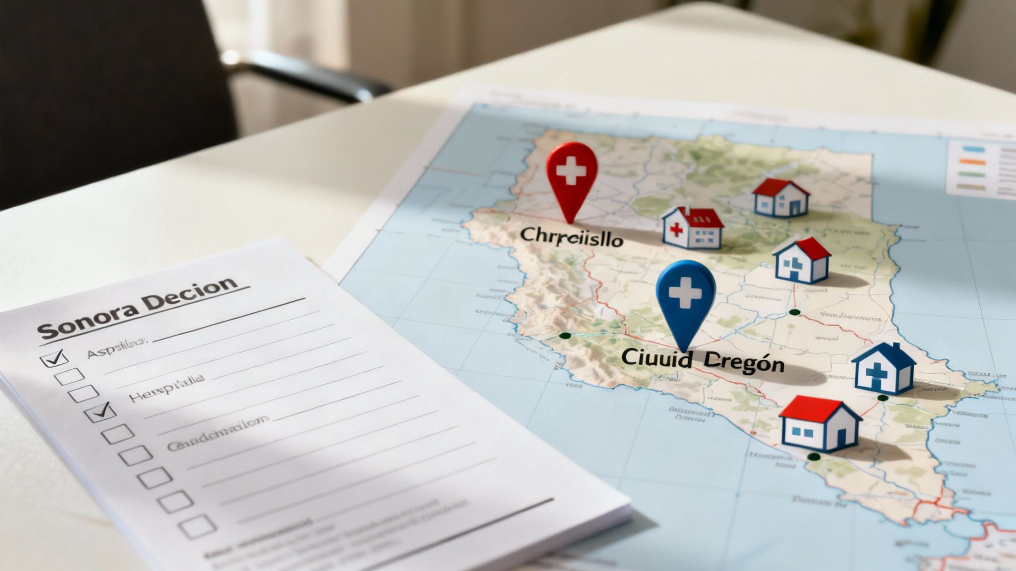 Mapa con pines de ubicación y modelos de casas, algunos con cruz médica, junto a una lista de decisiones de salud.