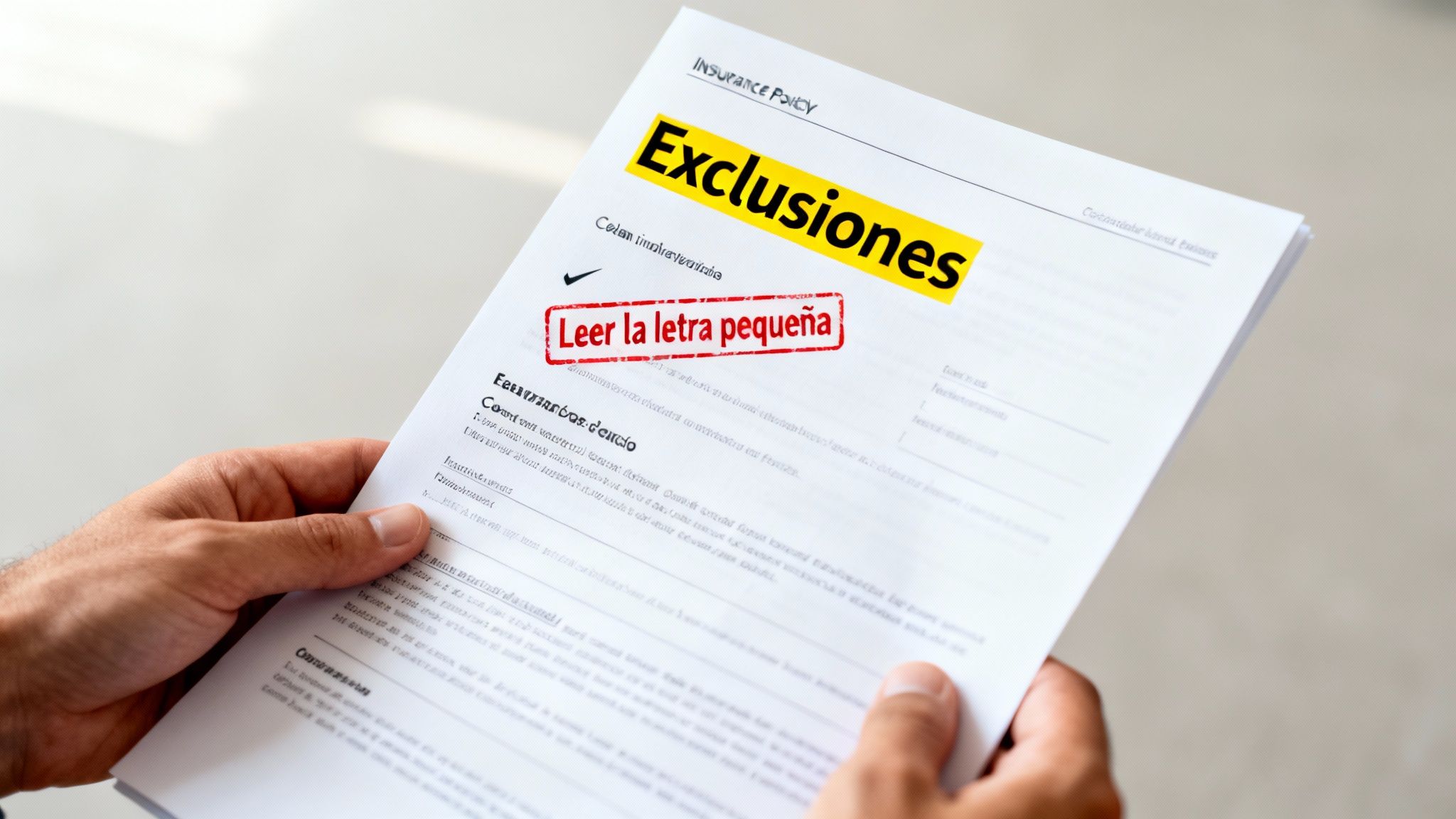 Persona leyendo una póliza de seguro con las secciones 'Exclusiones' y 'Leer la letra pequeña' resaltadas.