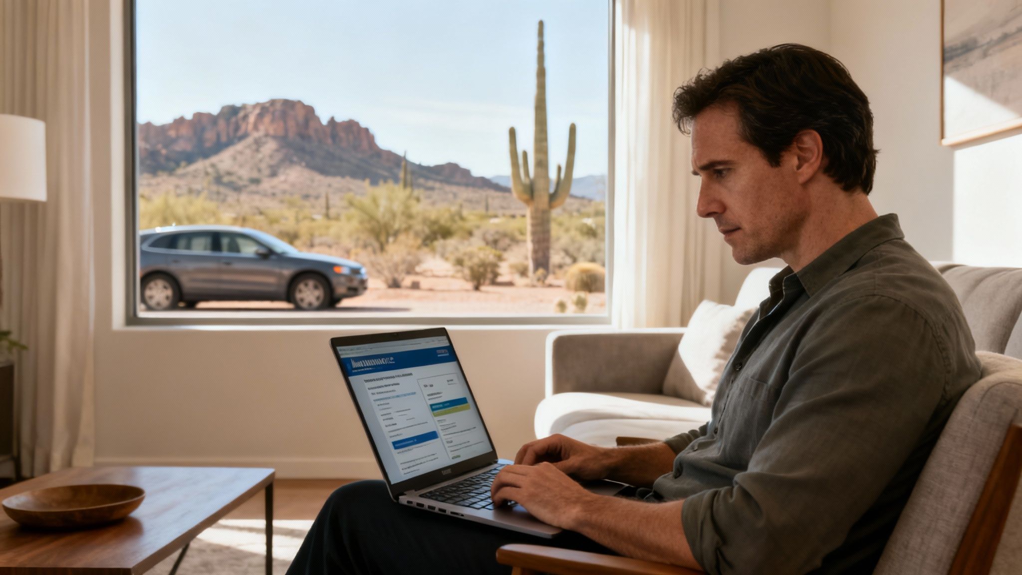 Hombre en casa usa su portátil, con vista a un coche y paisaje desértico con cactus.