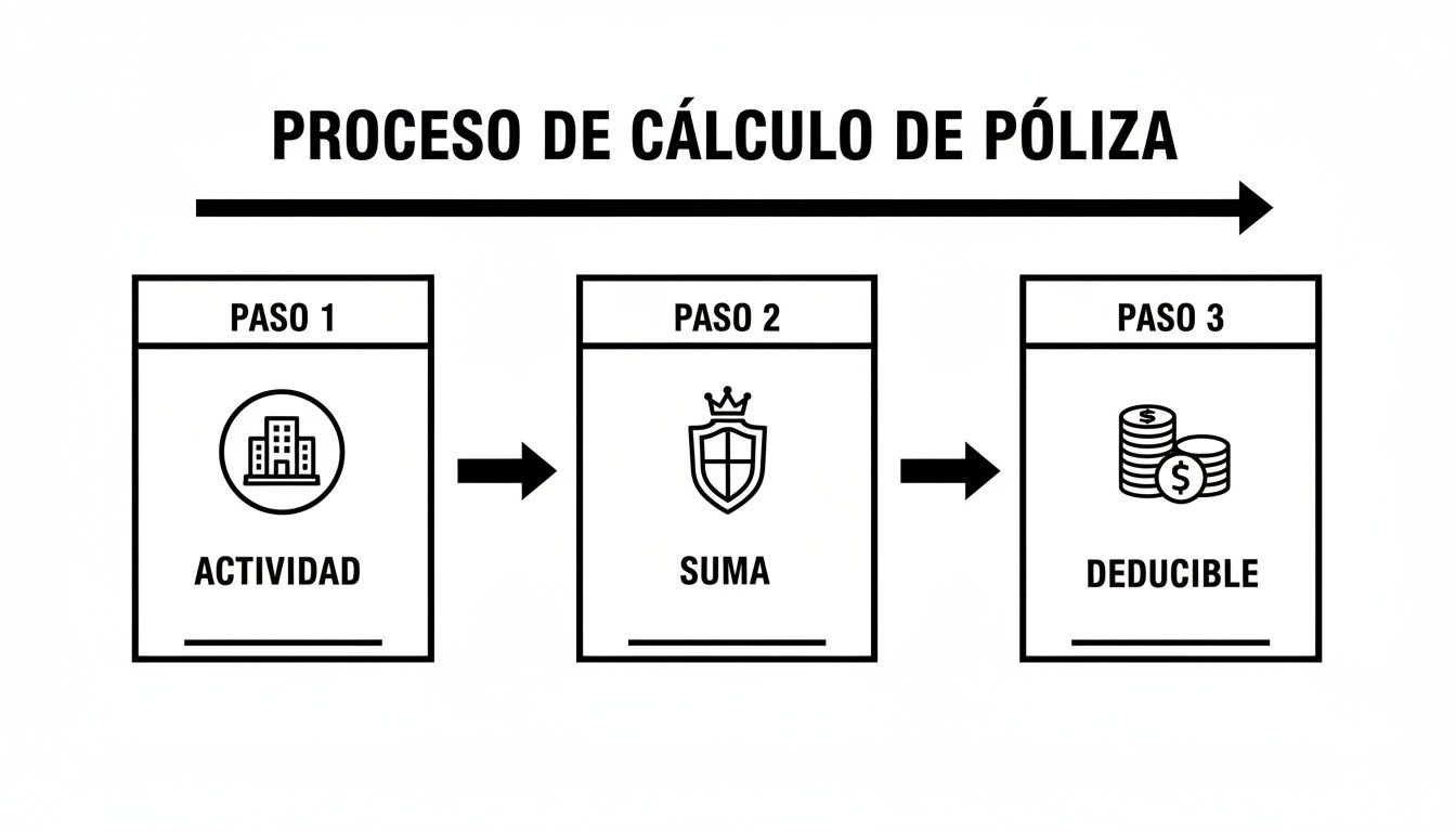 Diagrama del proceso de cálculo de póliza: Paso 1 Actividad, Paso 2 Suma, Paso 3 Deducible.