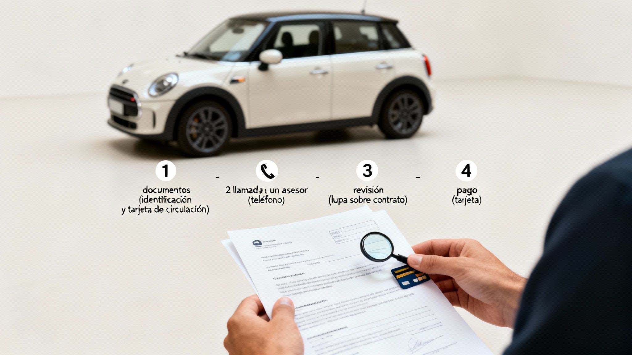 Proceso de contratación de seguro de auto: documentos, llamada, revisión de contrato y pago con tarjeta.