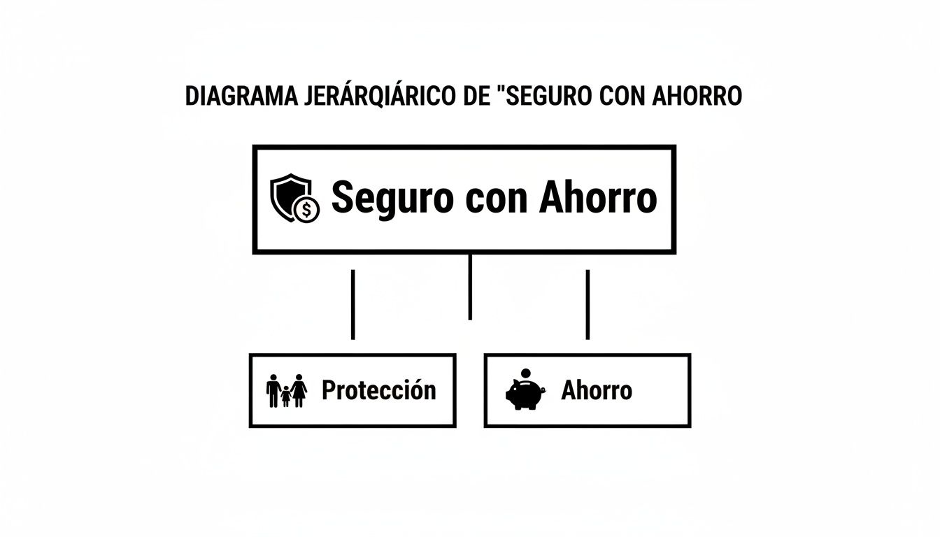 Diagrama jerárquico que desglosa un seguro con ahorro en protección familiar y ahorro con un cerdito.
