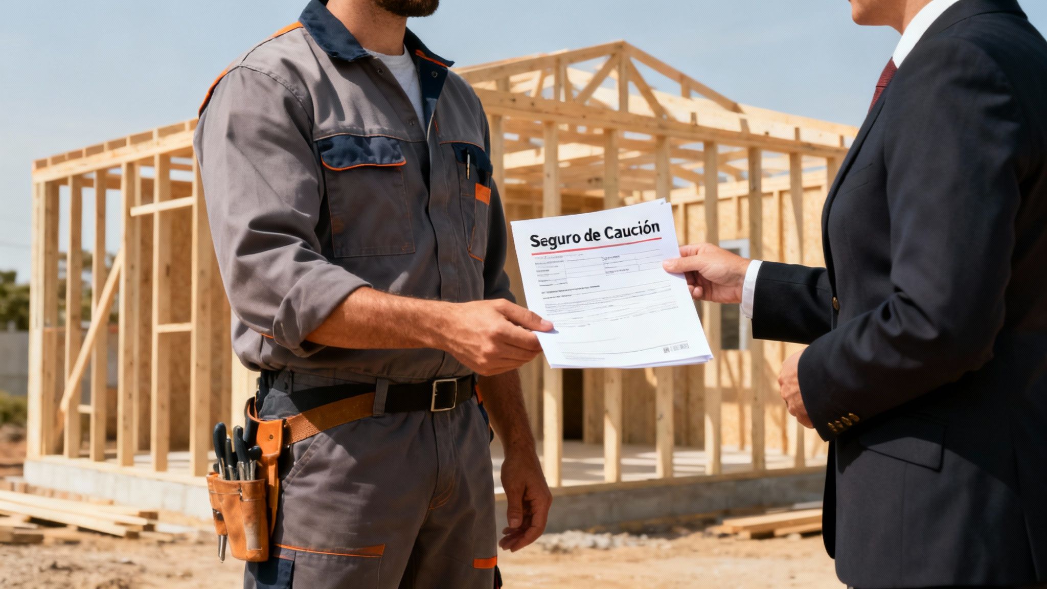 Fotografía de una obra de construcción con grúas y un edificio en proceso, con el texto "Qué es un seguro de caución" superpuesta.