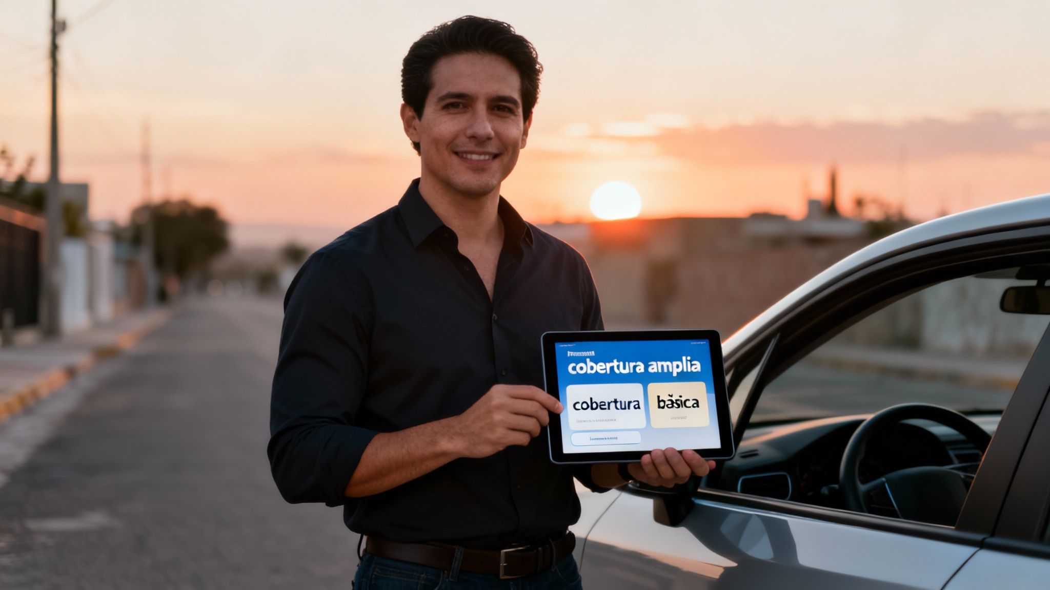 Hombre sonriente muestra tableta con opciones de cobertura de seguro de auto al atardecer.