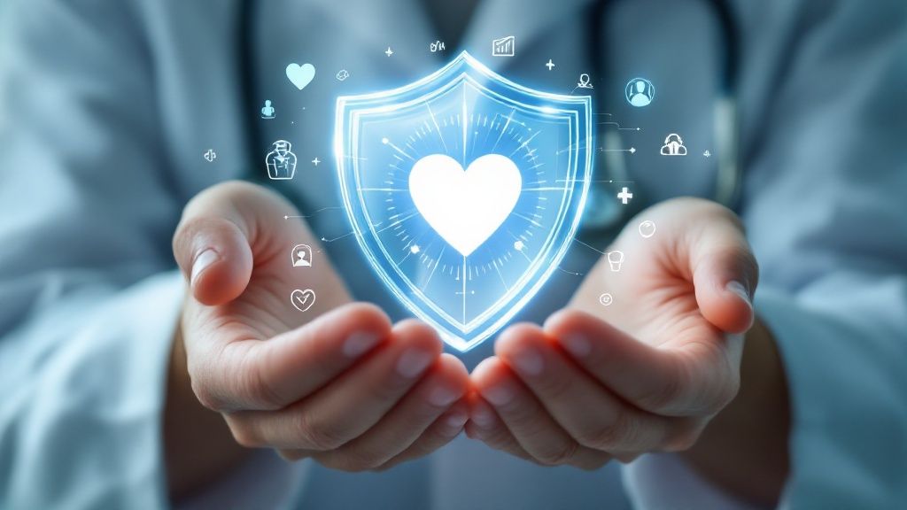 Una familia analizando opciones de seguros en una tableta, con el texto "Cómo elegir el seguro ideal para tu familia" incrustado en la imagen.