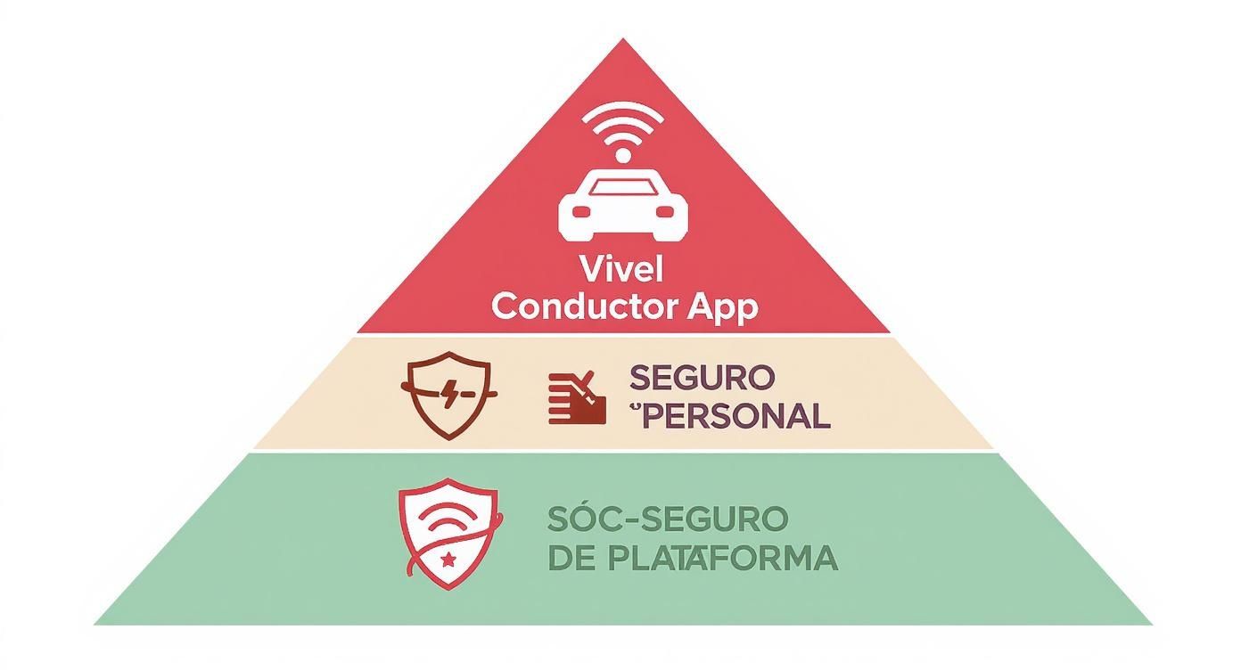 Pirámide de seguridad Vivel Conductor App, detallando seguro personal y de plataforma para conductores.