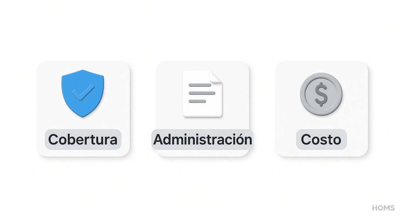 Tres íconos clave: Cobertura (escudo), Administración (documento) y Costo (moneda con dólar), representando aspectos de un seguro de gastos médicos.