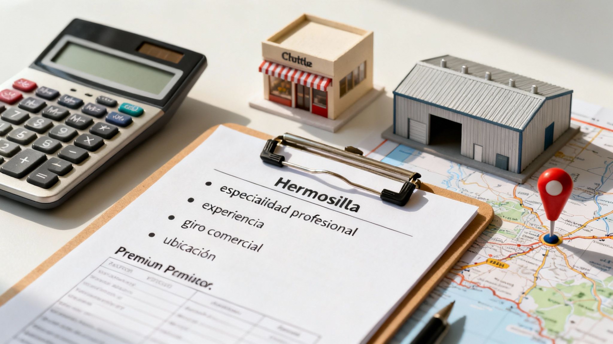 Escritorio con calculadora, portapapeles con lista de requisitos, maquetas de edificios y un mapa con un alfiler de ubicación.