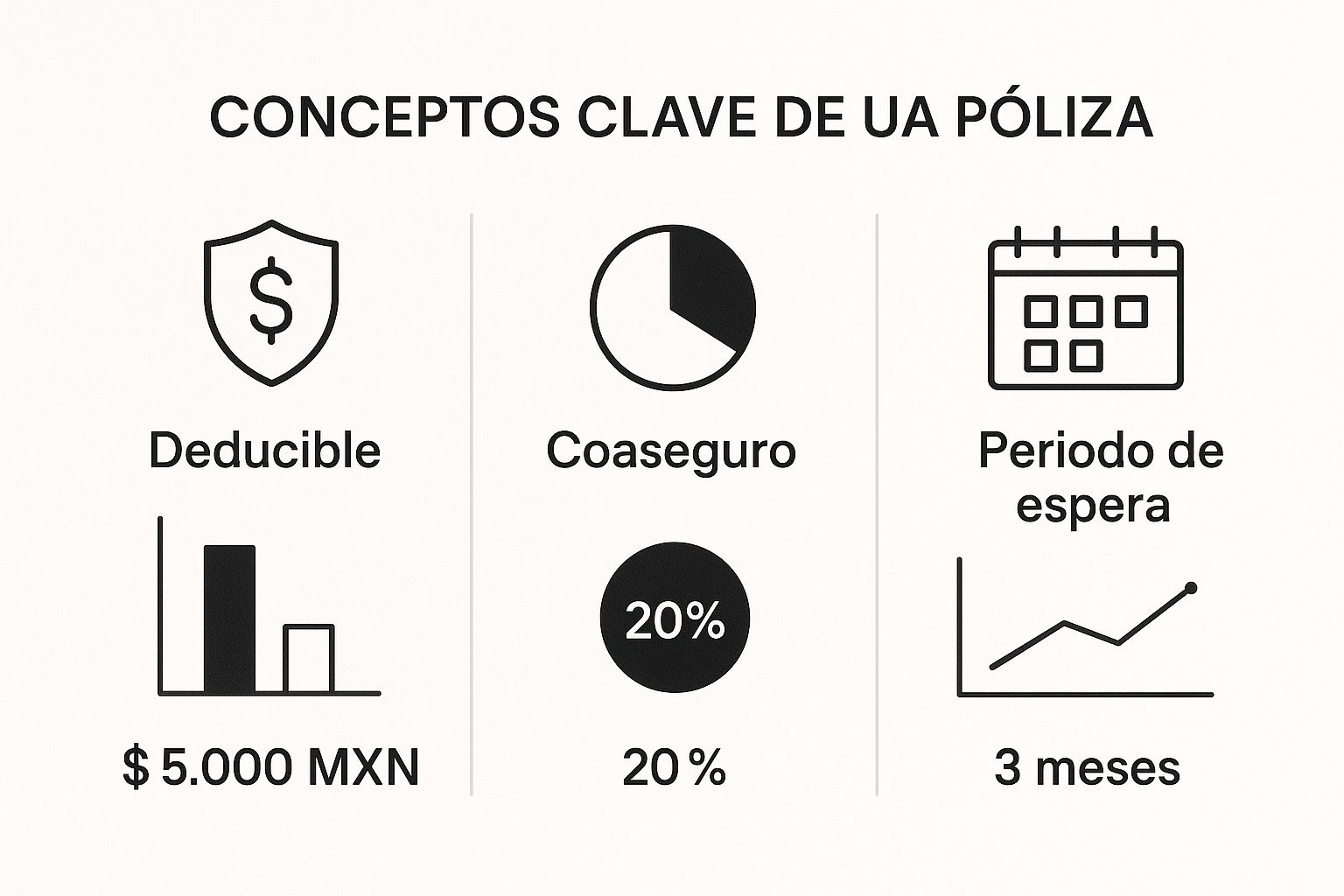 Infografía que compara los conceptos de Deducible, Coaseguro y Periodo de Espera en una póliza de seguro médico