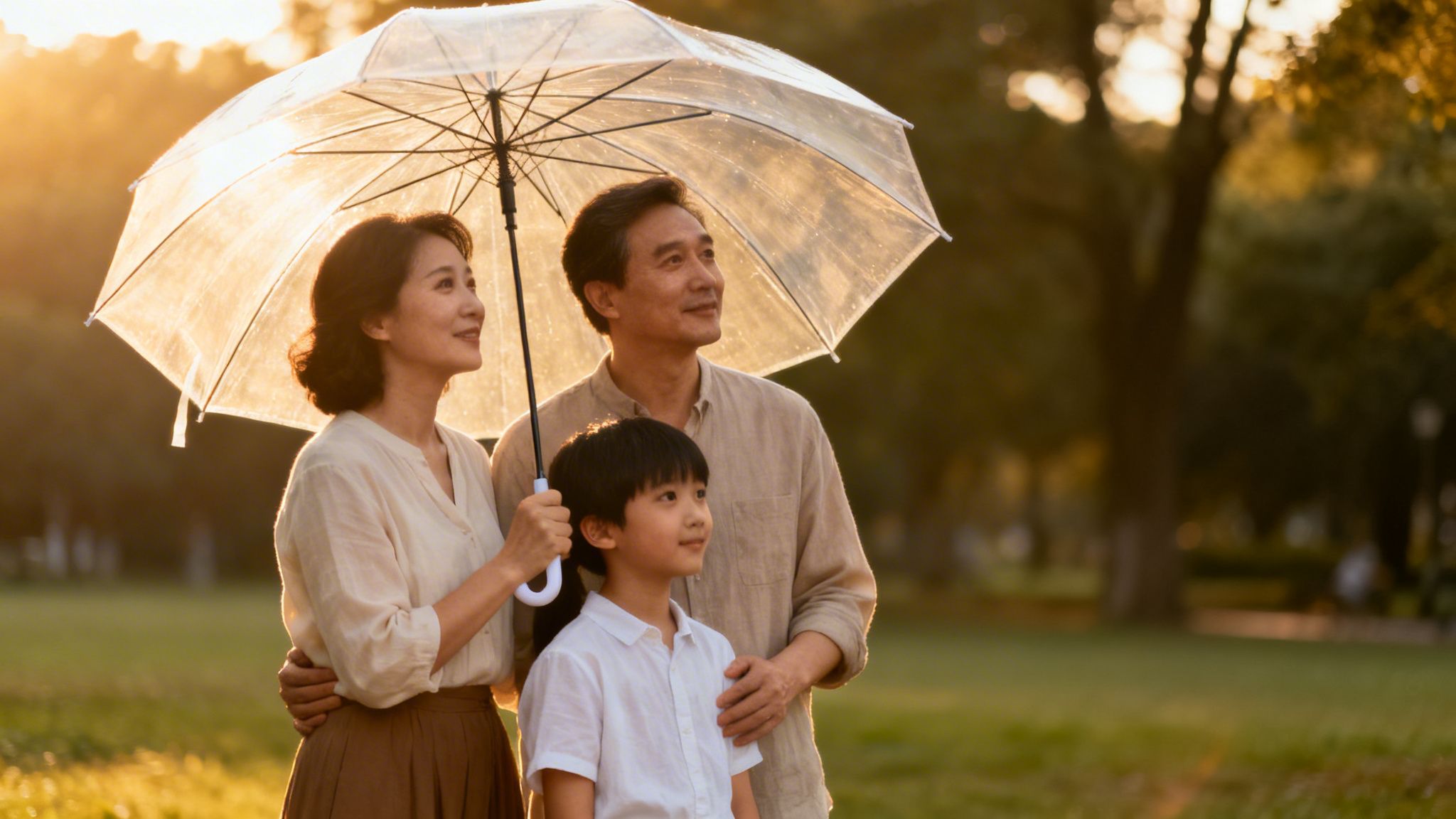 Abuelos y nieto sonríen bajo un paraguas en un parque al atardecer.
