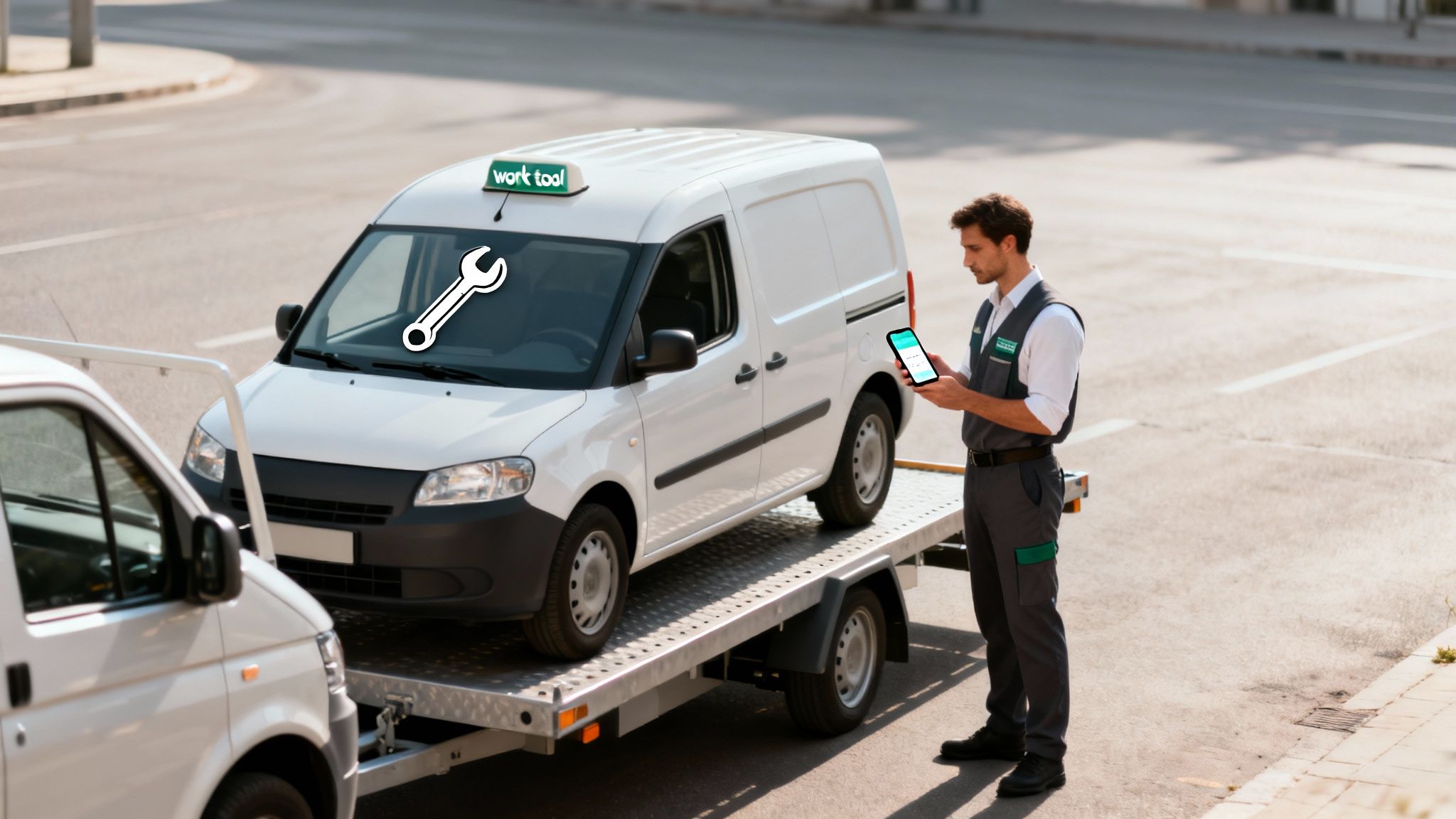 Un técnico con uniforme revisa una tablet junto a una furgoneta blanca siendo remolcada en una plataforma.