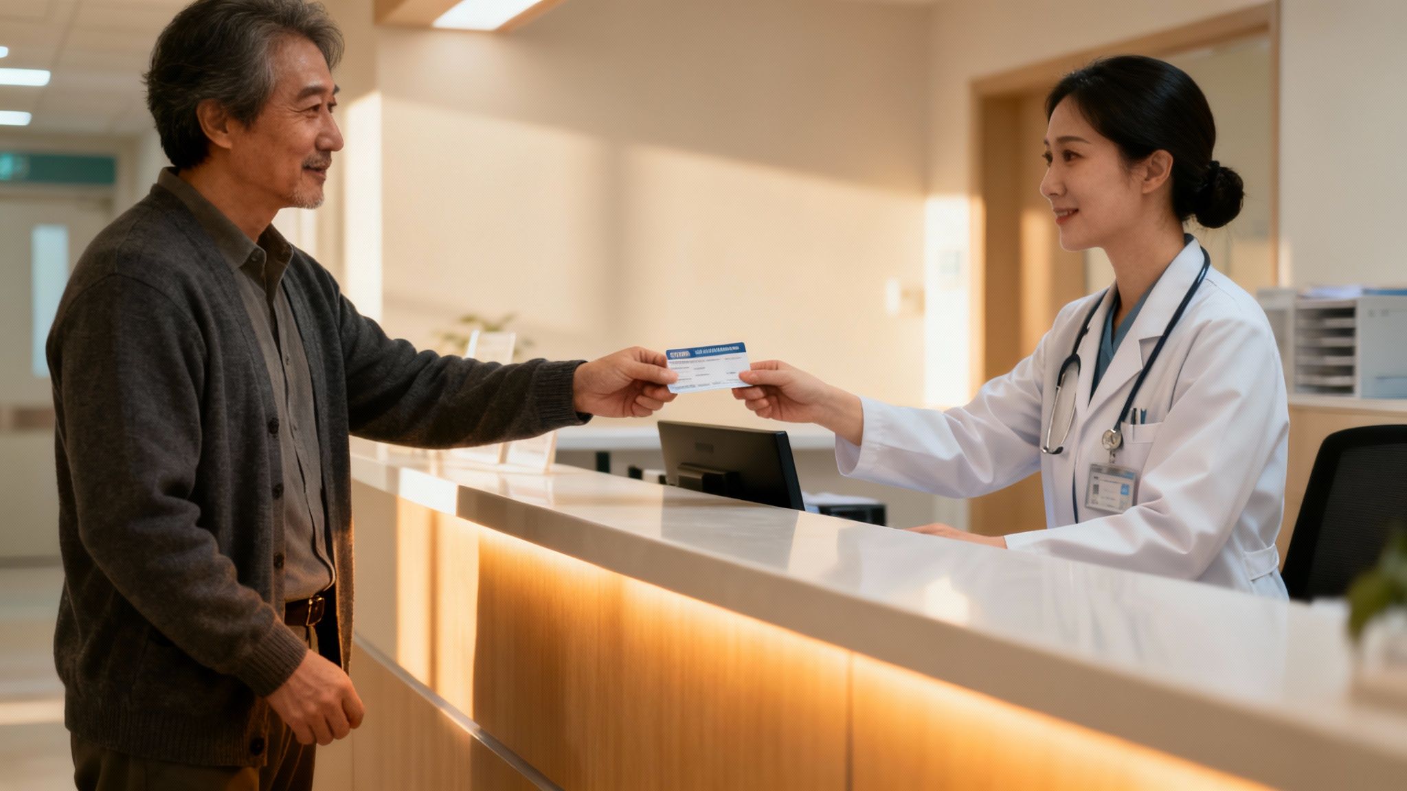 Hombre mayor entrega tarjeta a doctora en recepción de hospital, ambos sonriendo amablemente.