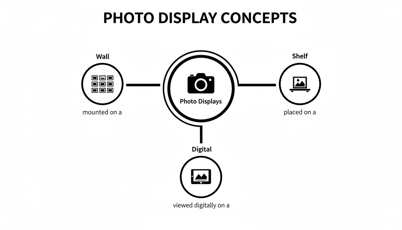 A concept map showing photo display ideas: wall-mounted, shelf-placed, and viewed digitally on a device.