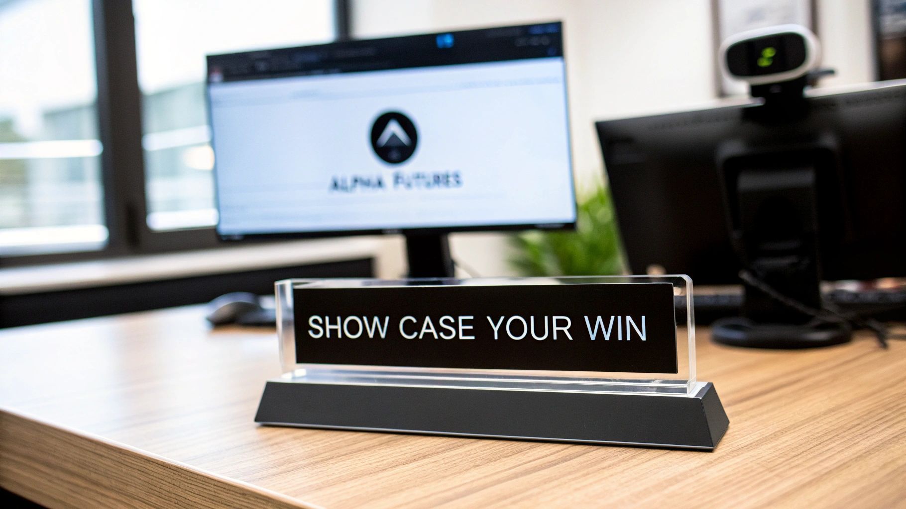 A desk plaque reading 'SHOW CASE YOUR WIN' on a wooden desk, with an Alpha Futures monitor in the background.