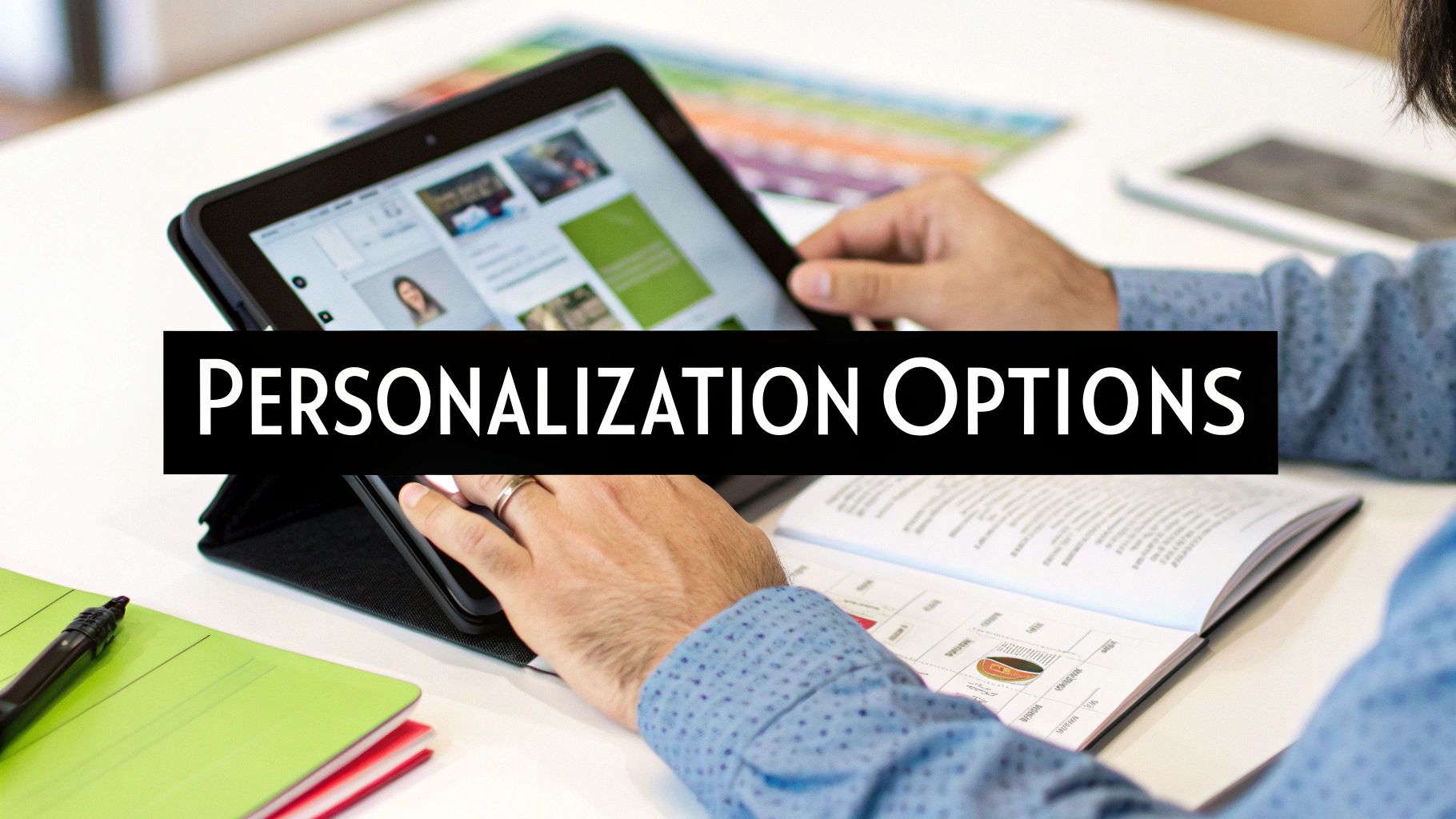 Hands interacting with a tablet displaying a personalized interface, alongside an open book and pen.