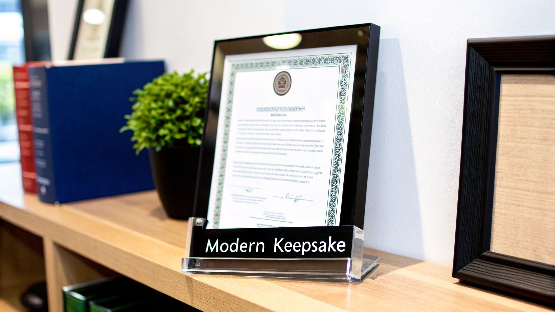 A framed document labeled 'Modern Keepsake' on a wooden shelf with books and a plant.